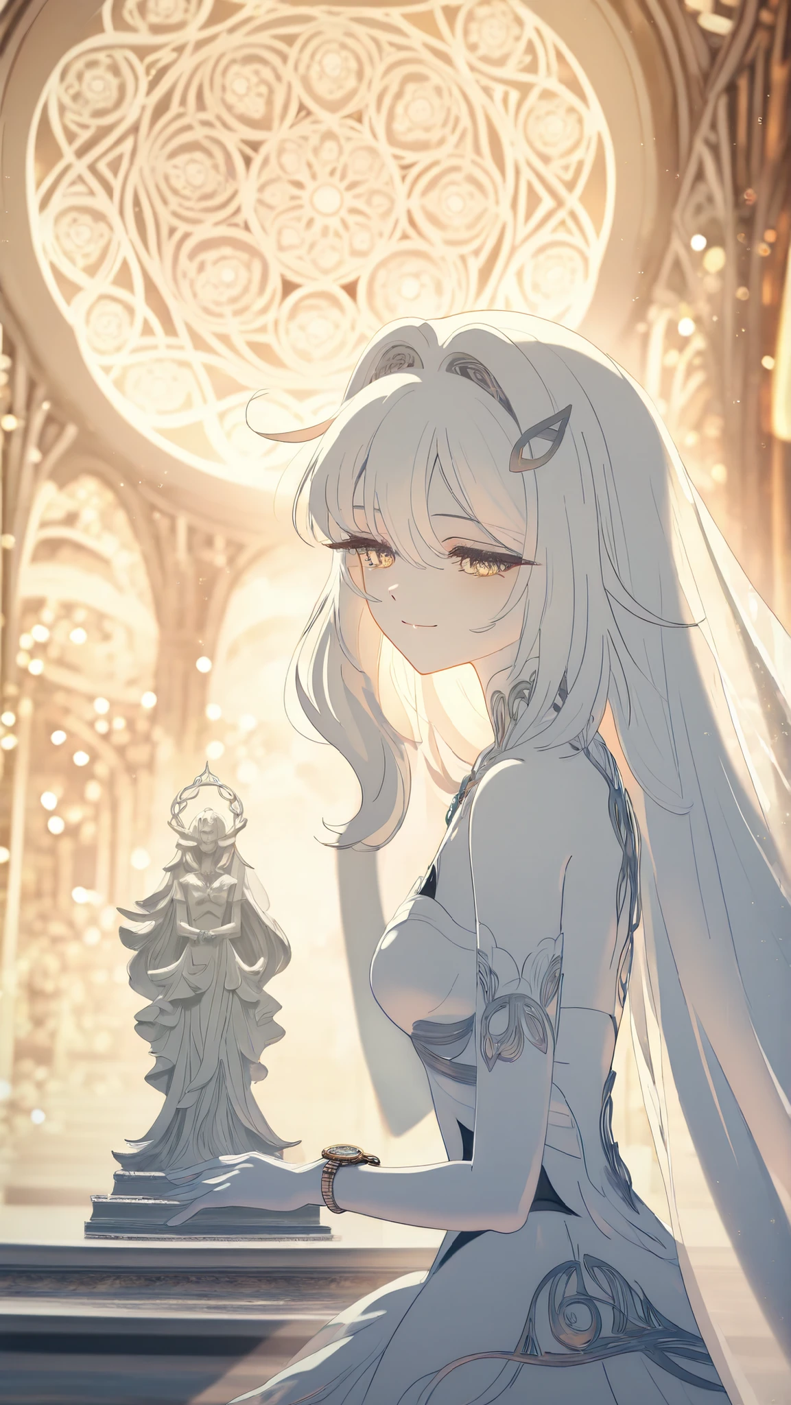 high detail RAW color art, animation, Marble Hall, Marble statue , ((( Extremely Detailed Elegant))), white skin, Magical Atmosphere, (focus on your face), (DETAILED SKIN, Textures (Intricately detailed, Fine Details, very detailed), Raytracing, subsurface scattering, Soft diffuse lighting, Shallow depth of field、sharp focus、Bokeh,watch viewers,kind smile