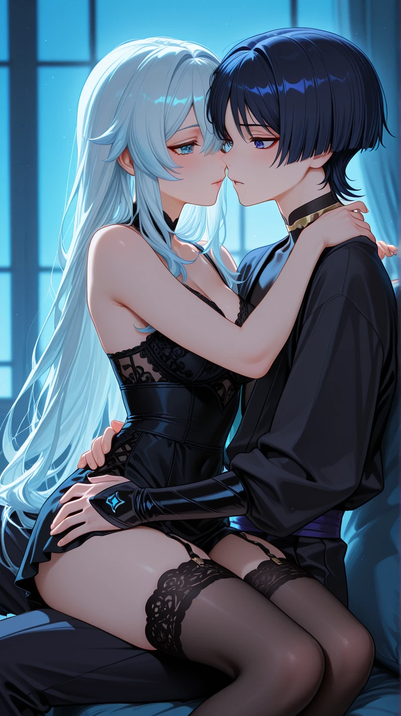 A girl with light blue long hair kiss her husband