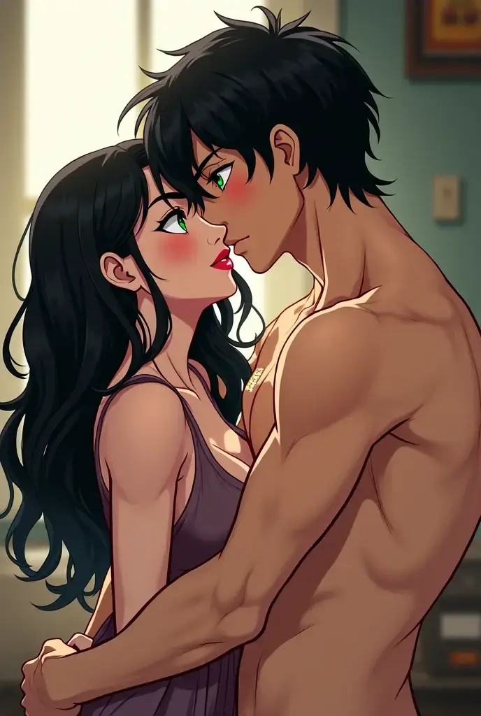 Shirtless boy kissing and making out passionately with a sexy woman, long straight black hair, navy blue saree with silver embroidery, seductive gaze and smile, blushing intensely, perfect body, hot 