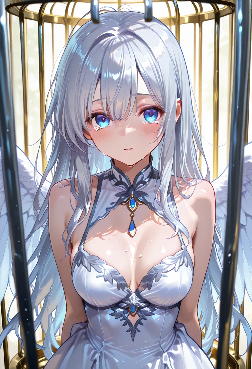 best quality,ultra detailed,extremely detailed and beautiful,perfect anatomy,perfect hands,train,Molester,(amane kanata)+++, angel, angel_wings, asymmetrical hair,silver hair,mesh (blue), very long hair, two side up,flat chest,(black frill dress)+,black gloves, (white jacket)+++,opened jacket,asymmetrical legwear,half undressed,(contemptuous,disdain),(areola,one breast out:1.3),(Lift up shirt one hand:1.1),