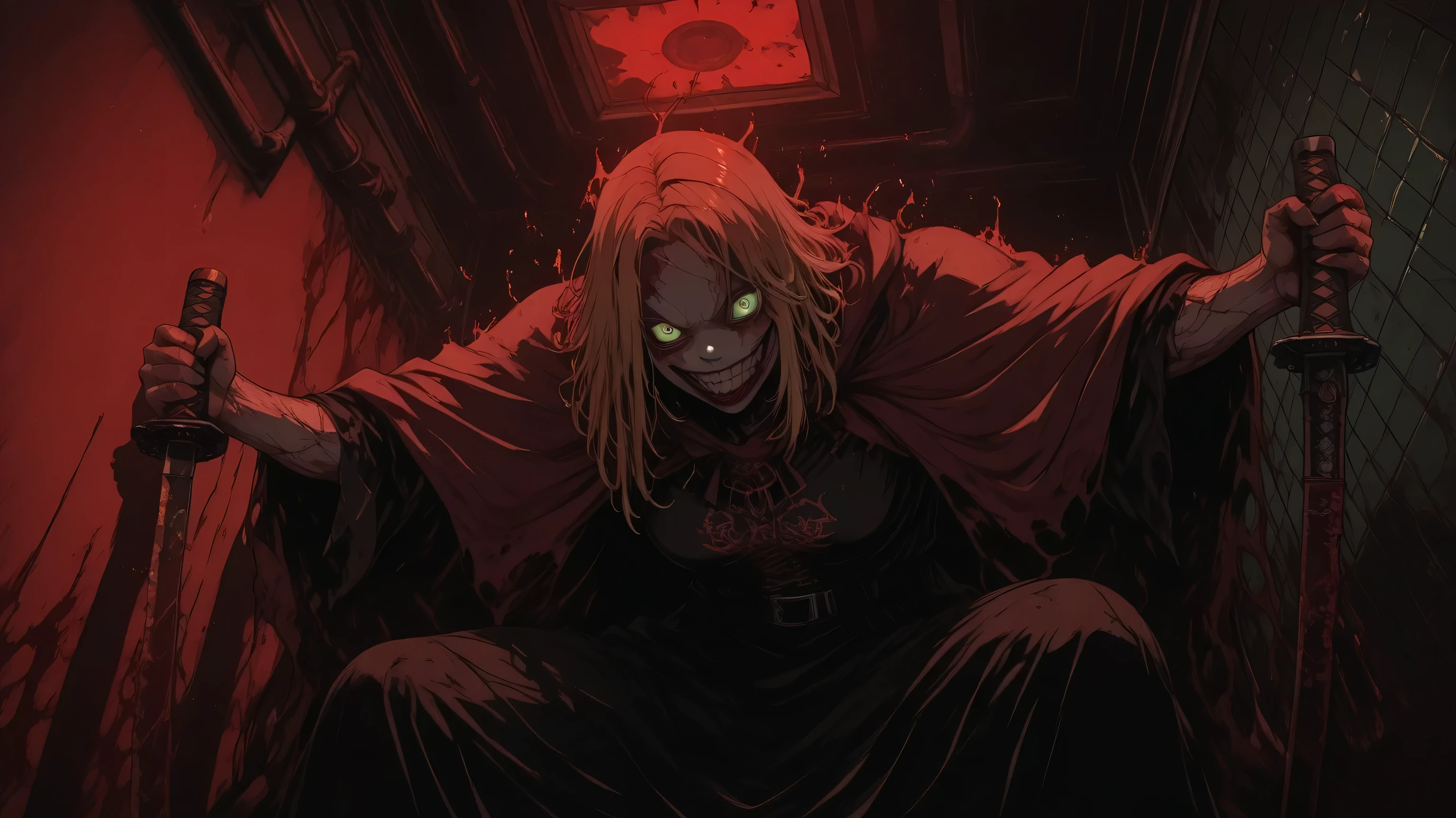 r17329_illu,Dynamic lighting,HDR,sinner2,masterpiece, ultra detailed, best quality, dark fantasy battlemage, blood-soaked robes, crimson magic aura, ornate katana glowing with runes, flowing red cape, combat stance, magical energy swirling, necromorphic creatures, biomechanical horror, dead space inspired architecture, industrial gothic corridors, emergency lighting, metal walls with organic corruption, blood splatter effects, dynamic action pose, intense atmosphere, volumetric fog, dramatic lighting, dark color palette p0ssessed, ceiling, corner, wall, low angle, view from below, against wall,,sinner2,ellie,deadite,sinner2,PRSNL4 Style, very aesthetic, digital drawing, ,horror scene,horror scene, dark, glowing eyes,horror scene, knife, dark horror hotel rooms, glowing eyes, girl, kitchen, gore,ellie,deadite,h0rr0rstyl3,masterpiece, ultra highres, perfect detail, "TOXIC-ELLIE-PRIME", teenage girl deadite cleaning room service at doom hotel, perfect evil dead rise horror, acid-burned blonde hair, glowing yellow-green eyes, twisted maiden outfit melting skin with chemicals, pale skin stiched up face, with toxic red veins, maniacal grin with blood-stained braces, bathroom stall covered in acidic spray, perfect possession atmosphere, blood , red mutations, reuters, tendons , disgusting, vhs vibe