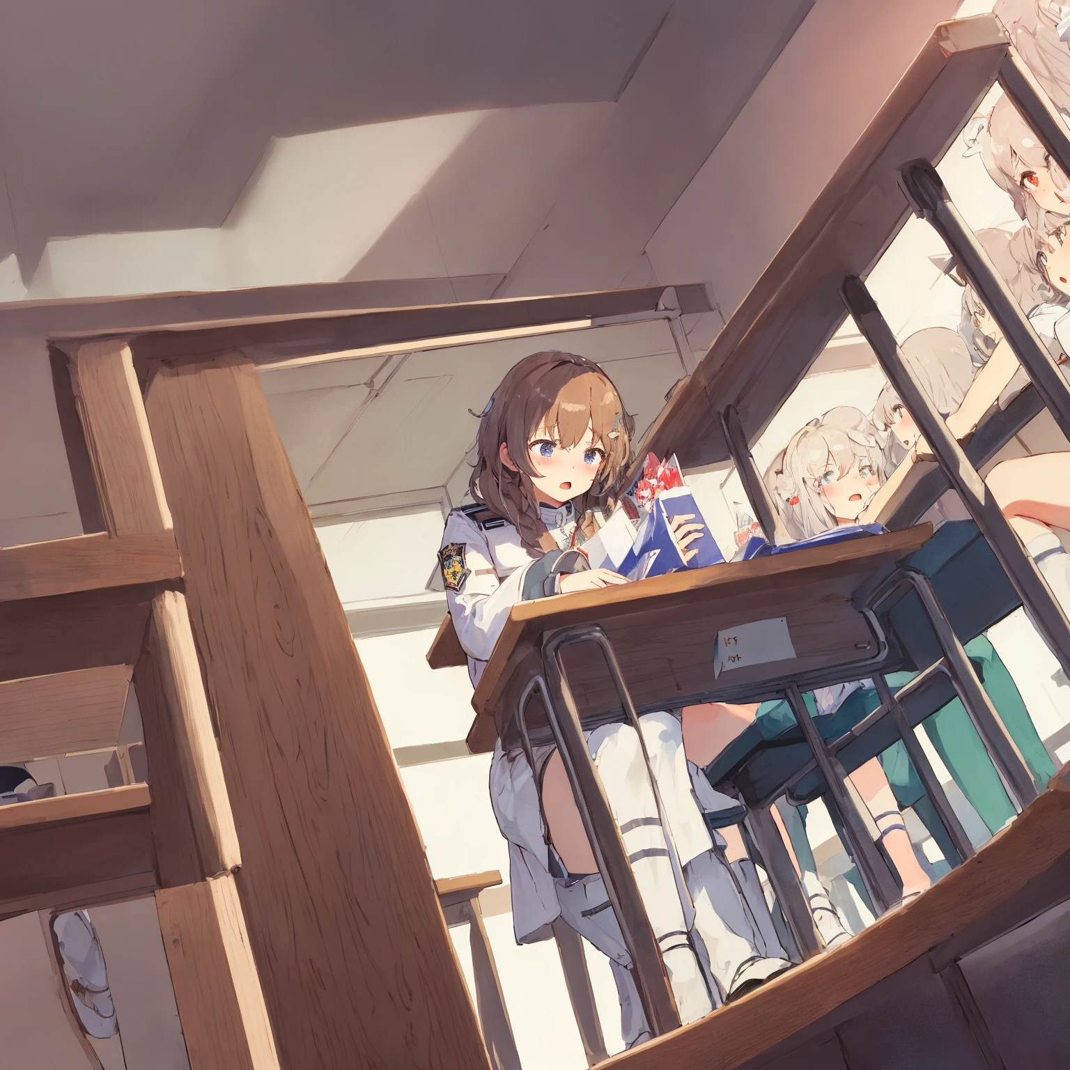 A huge futuristic library with thousands of books. A cyberpunk ??? in the center of the library is in awe