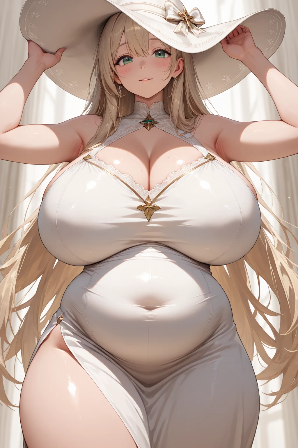 (masterpiece)、top-quality、intricate detailes、(1 girl in)、(A MILF)、(Dark skin)、full body Esbian、a blond、Pink eyes、A smile、sharp eye、hair messy、Dancer costumes、Revealing clothing、kirakira、stage、cleavage of the breast、colourfull、Hirahira、Dynamism, ((huge pregnant belly))