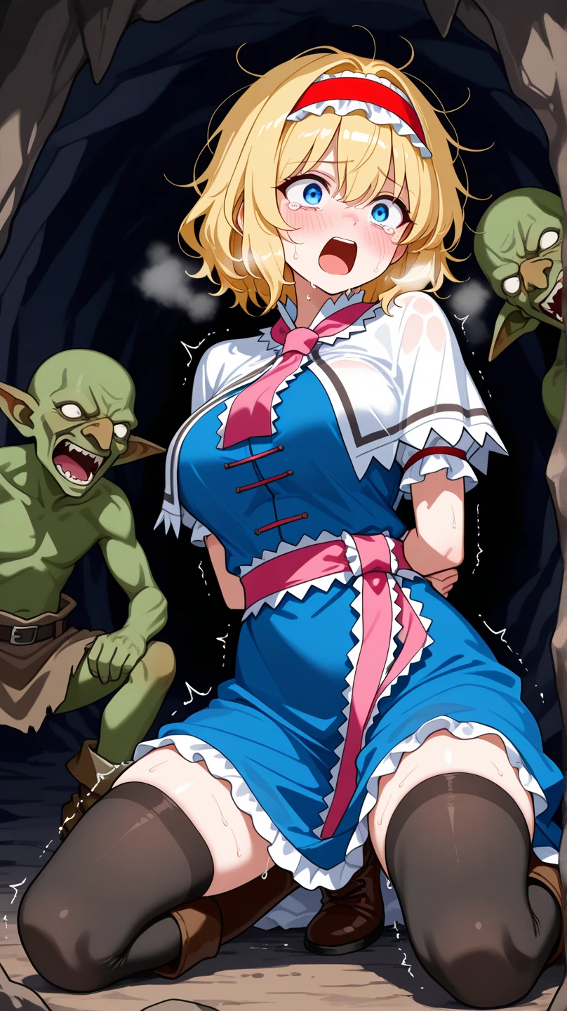 (nsfw:1.2), (Fantasy:1.2), (masterpiece:1.4), (best quality:1.4), (high_resolution:1.4), (sex, dangling legs), threesome, (arm grab), hetero,  suspendedonpenisms, upright, standing, ((suspended in air)), lifted up, 1girl, (petite), small woman, ((multiple boys green skin ogre) in foreground), (very large goblin), green skin monster, (giant green men:1.4, size_difference:1.1), (mature female:1.2), large breasts, (alena-dq4、DQ4-ALENA、Orange straight hair)、red eyes、Short stature、Thin thighs、Thin legs、Small shoulders、slender、Muscular、(bedroom)、(hat、yellow dress、Cape、belt、Gloves、Black tights、Leather boots) slim thighs,,

 (torn clothes:1.3), scar on skin, blood, Square, drunken eyes, (Crying a lot:1.1), Sweaty, (orgasm face:1.4), (female_orgasm:0.8), suspendedonpenisms, groping:1.2, grabbing breasts from behind, skindentation:1.1, molestation, [creampie], [bukkake], (surrounded by green goblins, large goblin crowd in background), uncensored, horror \(theme\), foreground, wide_shot, looking at viewer, dynamic angle, highly detailed, goblin, grn, green skin, monster , (in the forest:1.2)
