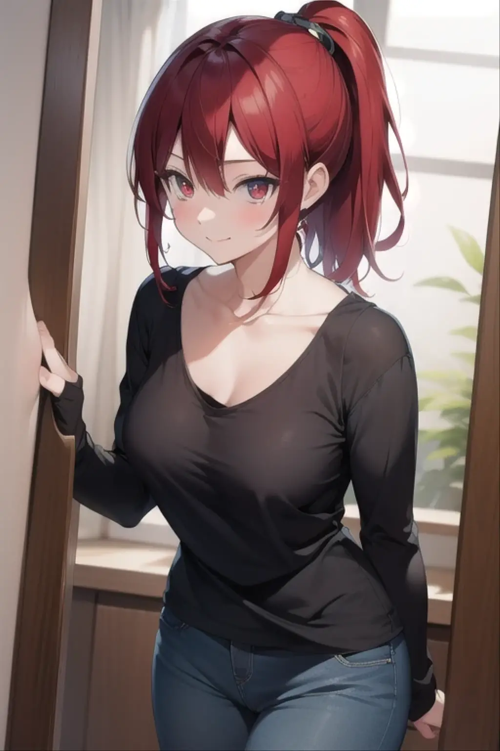 masterpiece, best quality,1girl,<lora:handpull-12:0.9>,handpull,pulled by self,clothes pull,shirt pull,flashing,one breast out,no bra,cleavage,selfie,looking at viewer,smile,blush, red hair, blue eyes, yoga pants,