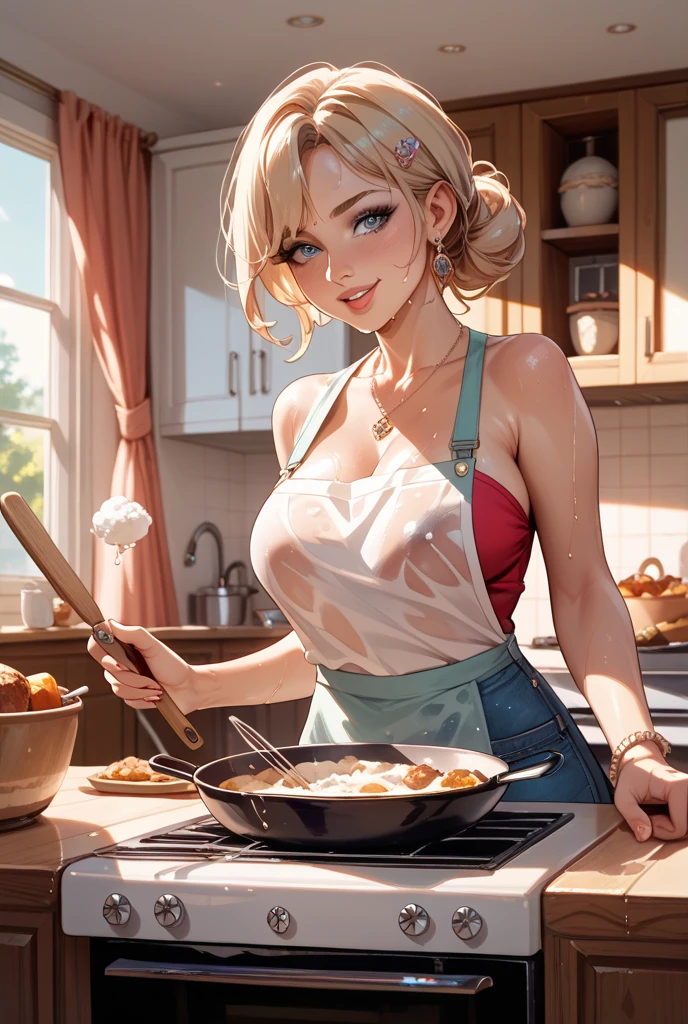 (dynamic angle:1.3, front view:1.1, breast focus:1.3, from above:1.1), (dynamic posing:1.2, sexy posing:1.2), (seductive smiling:1.3), ((looking at cake,Taking a cake out of the golden oven, worried about the outcome:1.2)),highest quality、(real、photorealistic:1.4),(ultra high resolution, 8K RAW photo, clear focus), best qualtiy, natural lighting, field depth, (Bright pupils, detailed beautiful eyes, high detailed face), Red lip, (tight focus:1.2), a girl 22yo old, Wearing a pastry chef uniform:1.3 , Thicc, thin breast, long hair, blue eyes,garter stocking, cleavage:1.2, midriff, black shorts, black thighhighs, thigh strap, pretty girl, (highly detailed beautiful face and eyes,firm breasts),real skin,((black,hair,long pony tail hair)),thin pubic hair,cute,lovely, detailed eyes,(double breasted:1.0,under bust:1.0),(with sparkling eyes and a contagious smile),open mouth, Looking at Viewer,A scene of cooking in the kitchen,looking at the golden oven