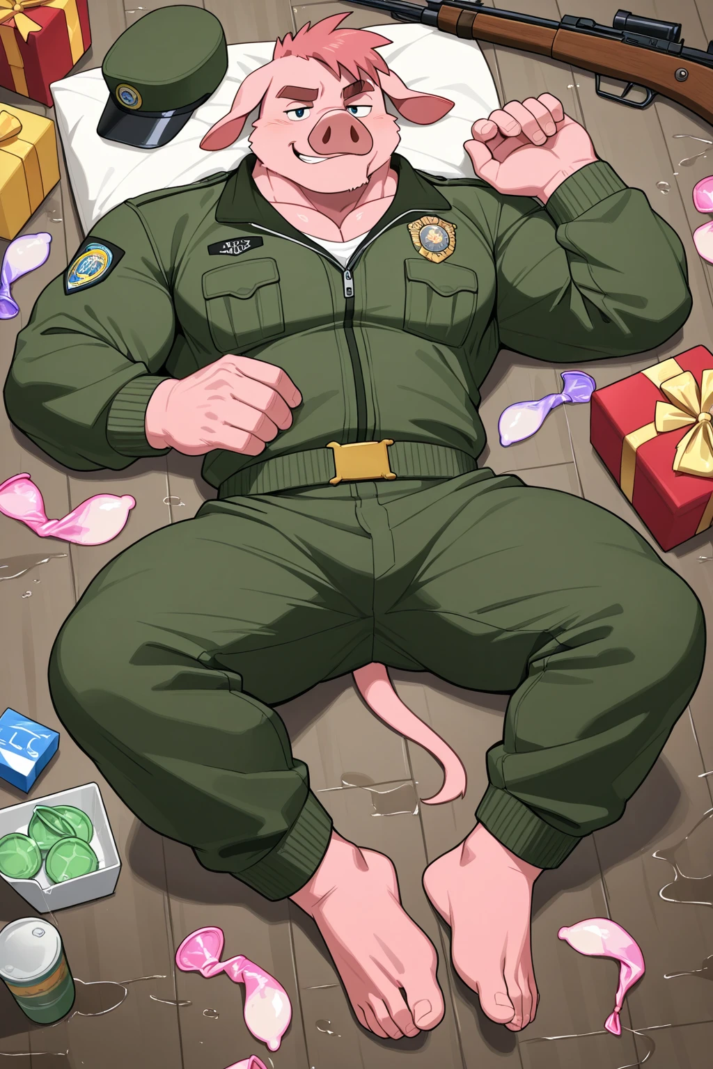 Full-body depiction of roronoa zoro, in a floor exercising  detailed penis, face feet view no socks