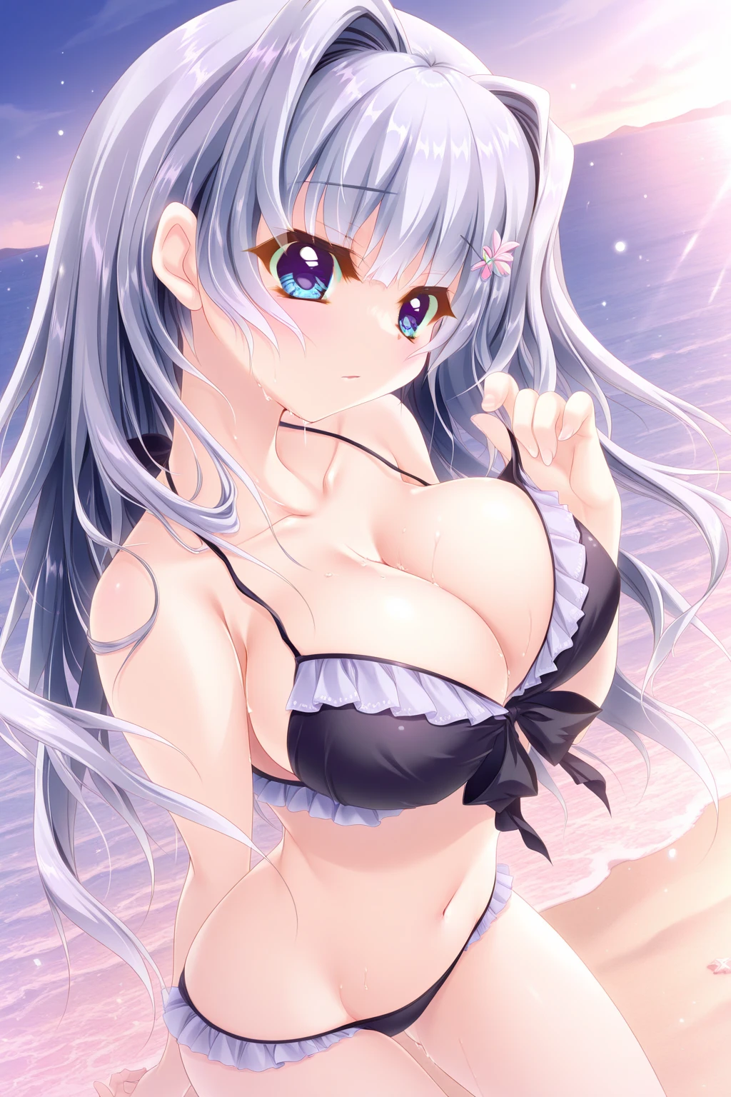 ((huge breasts、huge breasts)), beautiful breasts、(big breasts),Super detailed、#3b4195 background、beautiful flower、Watercolor pattern in calm colors、(watercolor texture)、(1 girl)、long hair、cute、 short, petite, pretty woman, 、 super detailed face、fine eyes, smooth skin,(((bikini armor)))