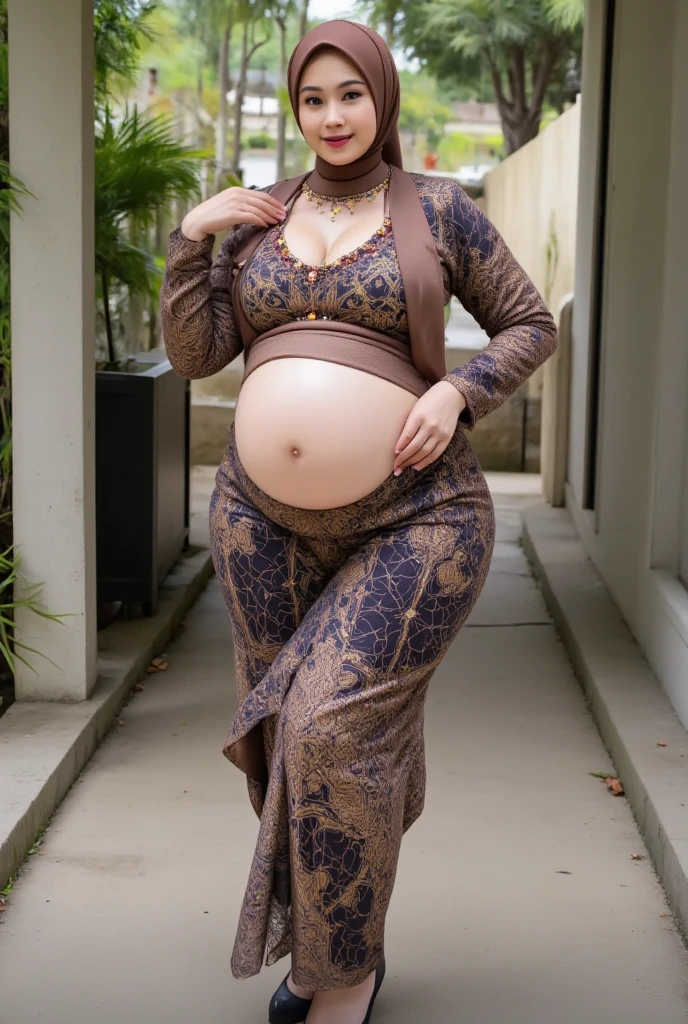 Extremely Hyperpregnant Libyan woman with huge belly wearing a dress