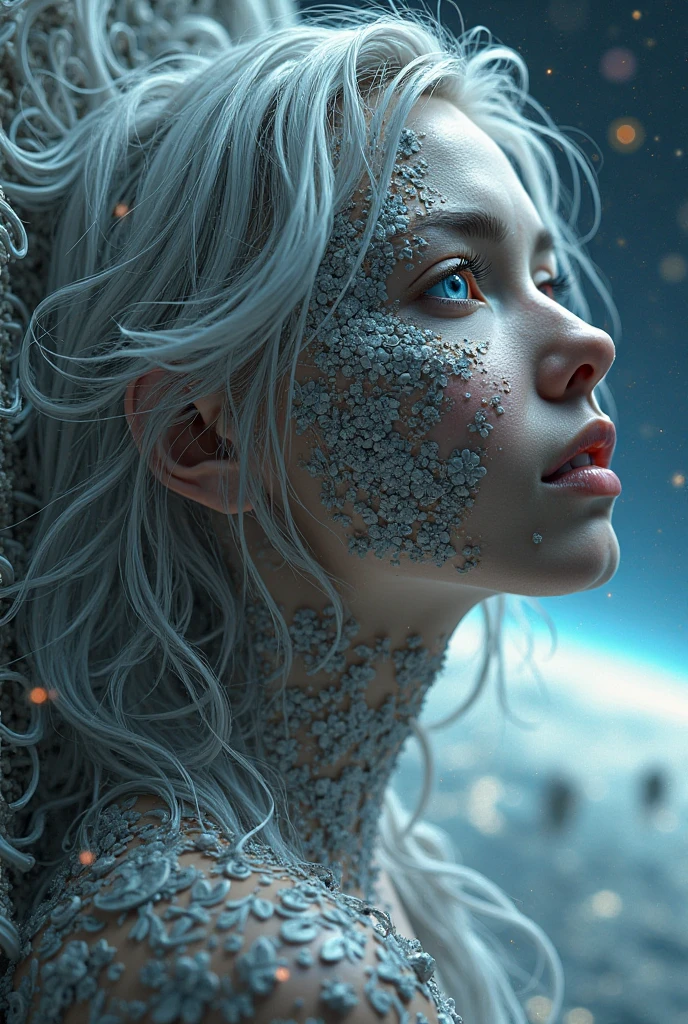 airbrush painting of 1 beautiful young   woman ,intense look, piercing eye,(  floating in the air, upper  body, from below ) ,  realistic face, , windy  hair,  silver hair, 
abstract , chaos, fracture wall, stones, water , tornado , holy light , cinematic lighting , 
Best quality, masterpiece, ultra high res, 
   <lora:add_detail:1>