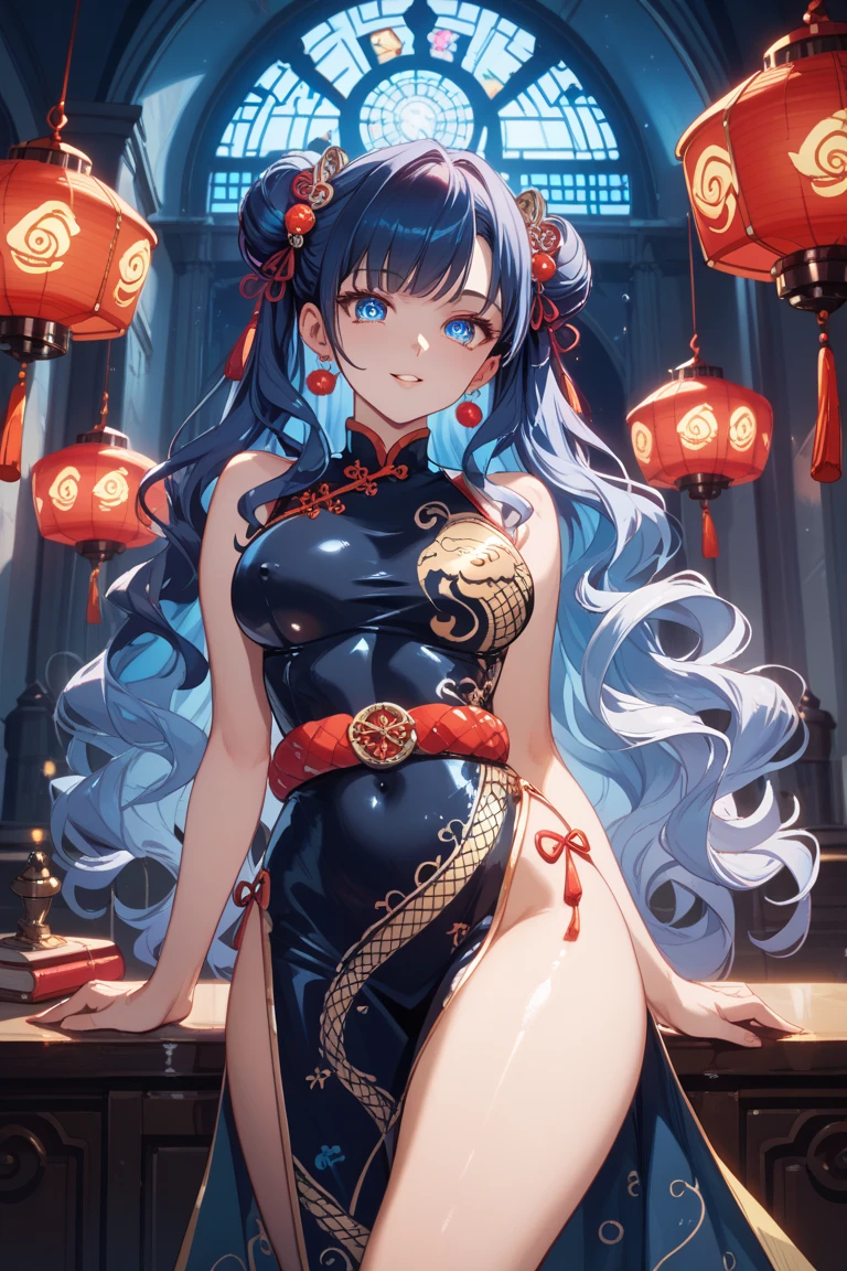 1girl, dusk \(everything is a miracle\) \(arknights\), arknights,(masterpiece, best quality), newest, ,turquoise chinese dress, original outfit, , by nyantcha, black hair, horns, by omone hokoma agm, dragon tail, night, fireworks, orange eyes,,