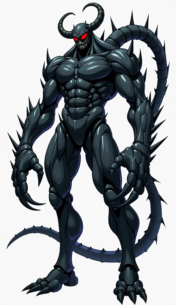 character, humanoid, horns all over the body, gray skin, ribbon on one of his shoulders, spikes in their hands, anime, White background