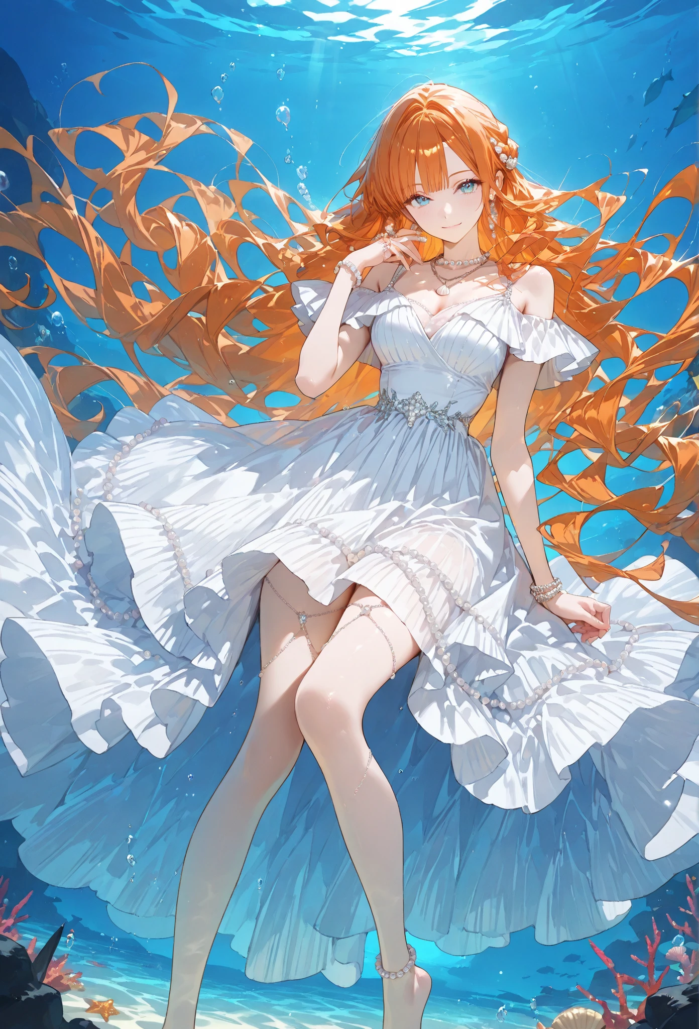 super verbose、highest quallity、vibrant colors 、HD 4k、 a beautiful girl、beautiful fur、long curly orange hair、Messy hair、disordered hair、orange eyelashes、diamond eyes、turquoise eyes、Beautiful eyes、 lips、bright and low-cut white dress、spectacular view