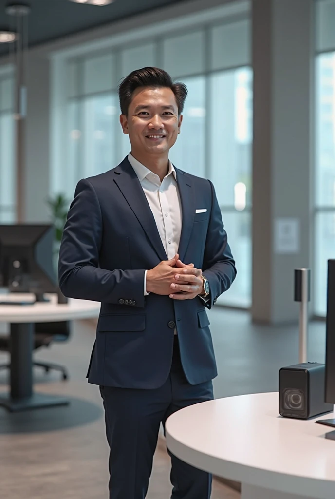 An office worker asian man in suit and tie, in asian style, company meeting room scene, realistic photo