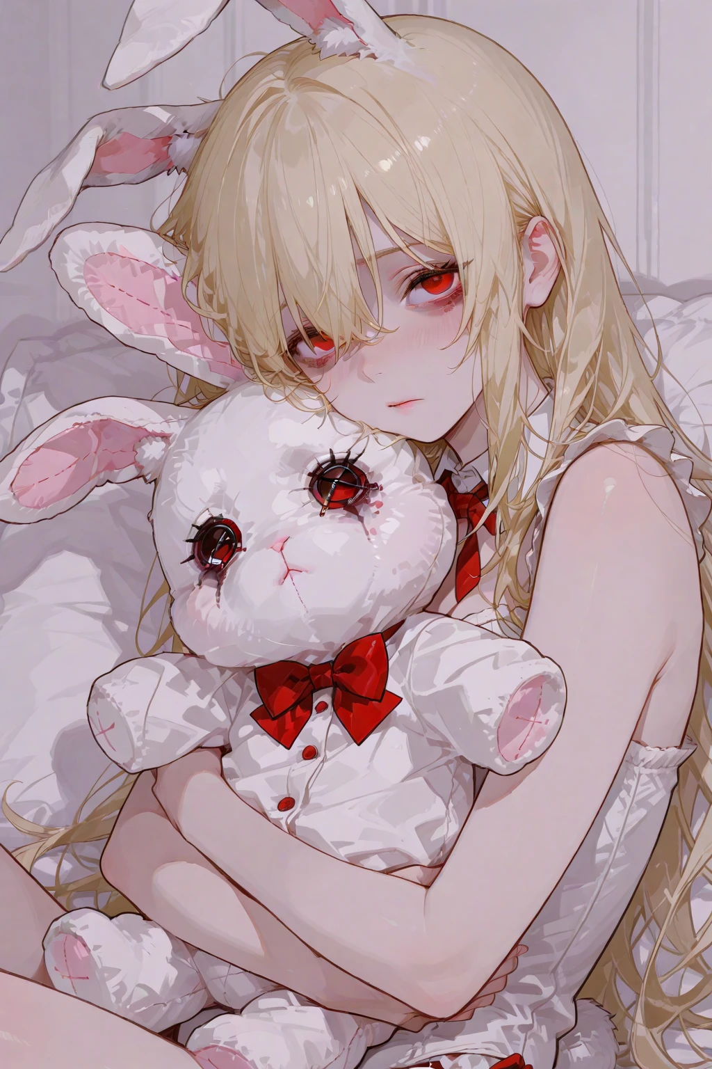 *a , on a black background,blonde hair, slightly dirty white clothes, looks at the viewer, yellow slightly long hair, blood on her face, one eye is injured, a sad and gloomy expression on her face, holds a white rabbit toy in her hand*