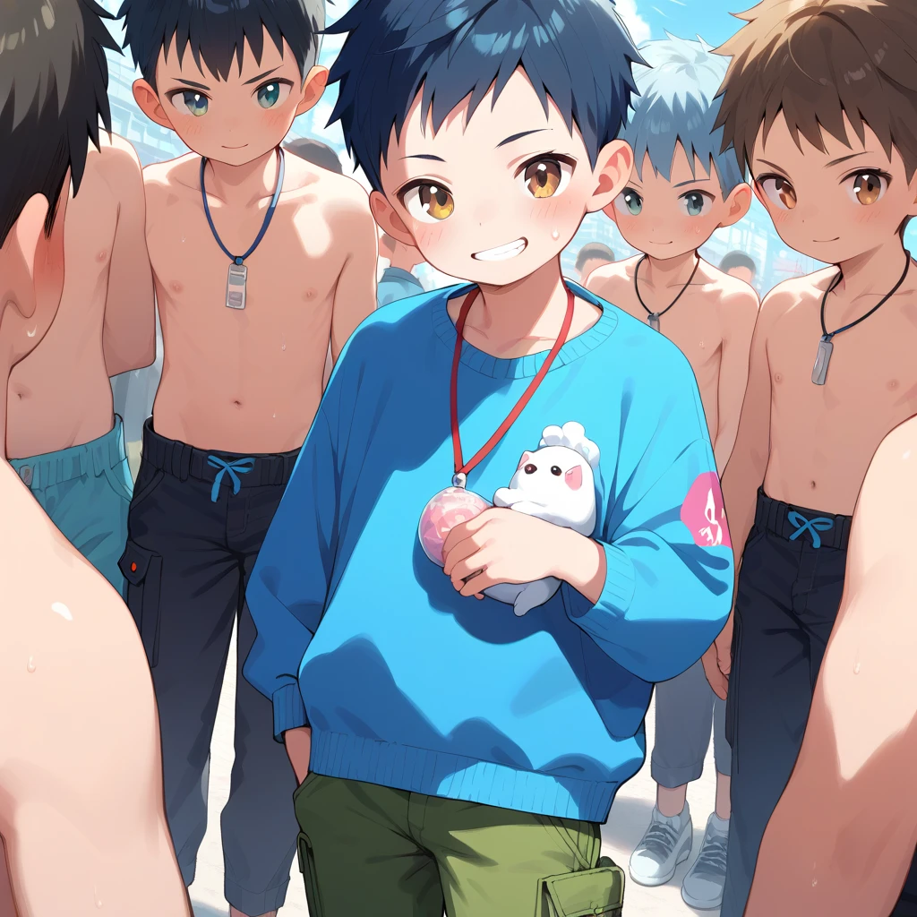 (best quality,masterpiece:1.3),absurdres,highres,
(selfie),((2boys)),,15yo, swimsuit, 
(poolside ,crowd), (boys onlookers, being watched, attention, crowd around:1.5), shota, 