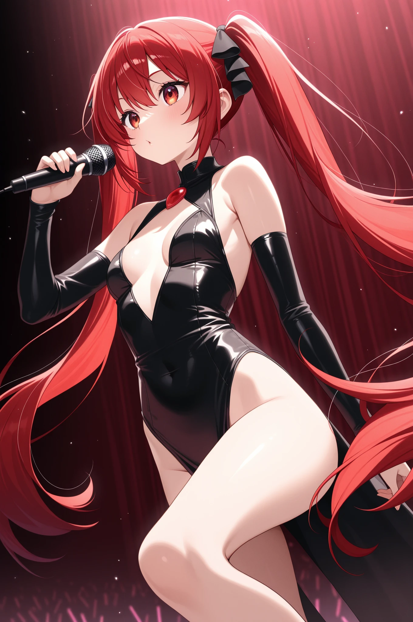 1girl, beautiful girl, Body Length 150 cm, 20 years old, ((black hair, twin tails Hairstyle, (Red Hair Dye, PeekABoo Underlights Style Hair Dye)) , ((Red eyes)), realistic eyes, beautiful and sharp eyes), ((idol clothing)), medium breasts, ((she holds a microphone and sings happily on stage in front of the crowd)), happy face, smiling, (8k wallpaper), ((red lights color, concert on stage wallpaper)) 8k, high quilty, realistic, beautiful realistic, ((anime style)), Cool details, raw photo, realistic clothing, black hair, realistic hair, ((red eyes)), realistic eyes, Light and cool lighting, photo realistic, Cel shaded, Gel lighting, ultra details, ((idol girl)), ((anime style))