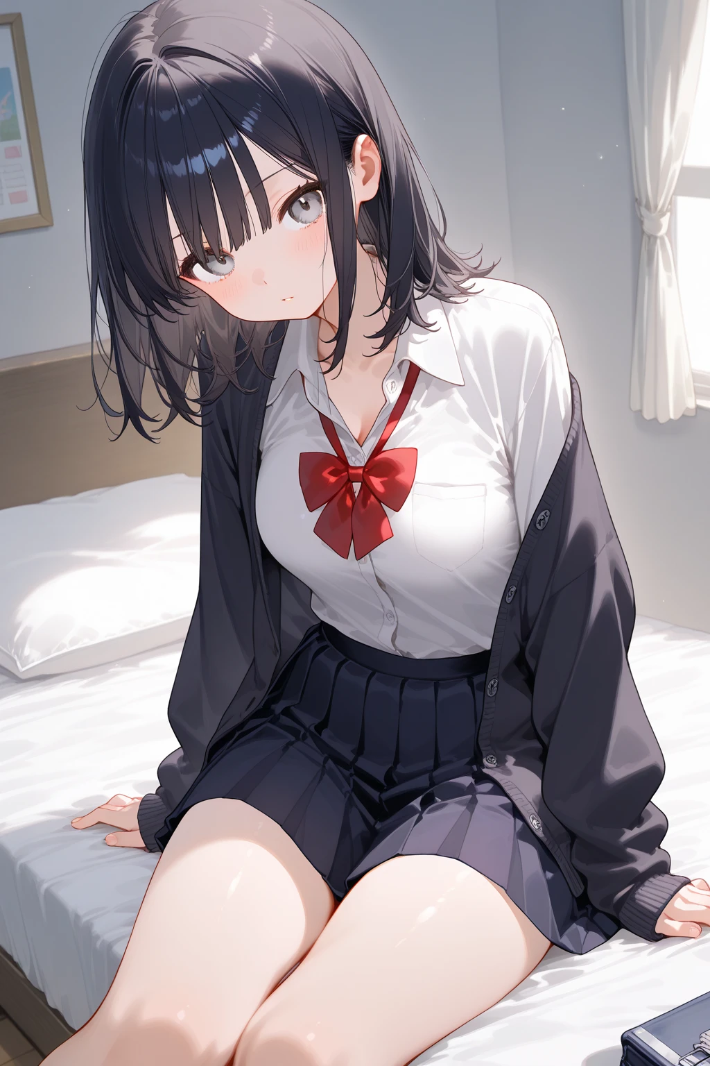 kurumitokisaki, tokisaki kurumi, black hair, low twintails, (hair over one eye:1.5), (red eyes:1.2), (small breast:1.2), BREAK thighhighs, hat, cleavage, white thighhighs, nurse cap, nurse, tokisaki kurumi, BREAK looking at viewer, BREAK indoors, bed, bedroom, BREAK (masterpiece:1.2), best quality, high resolution, unity 8k wallpaper, (illustration:0.8), (beautiful detailed eyes:1.6), extremely detailed face, perfect lighting, extremely detailed CG, (perfect hands, perfect anatomy),