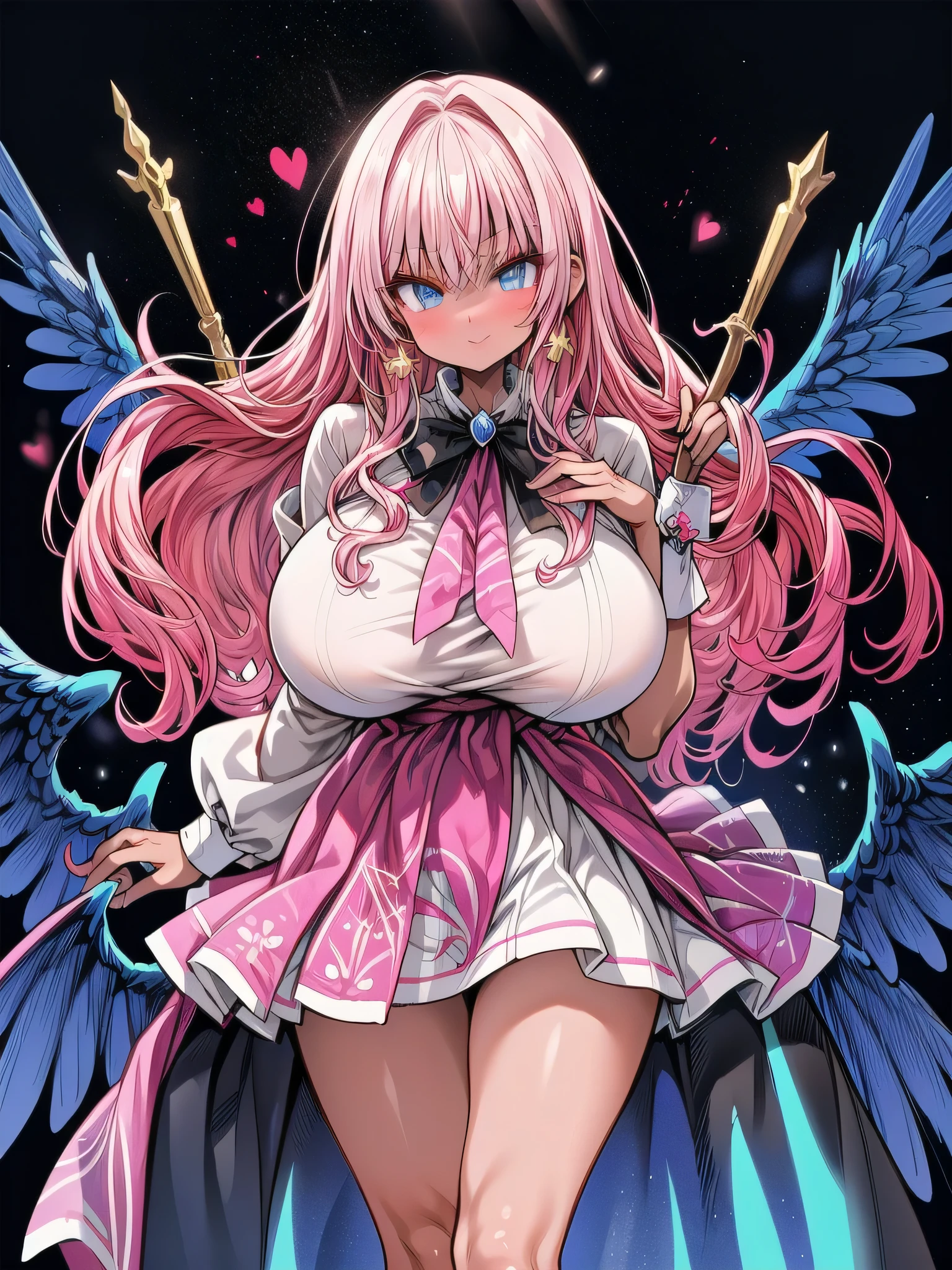 1 confident woman with floor-length pink hair, huge and big breasts, Futuristic royal costume in white with black and gold details, tall woman, blue detailed eyes, sitting on a great throne of golden skulls, judgmental look, golden metal skulls, sovereign pose
