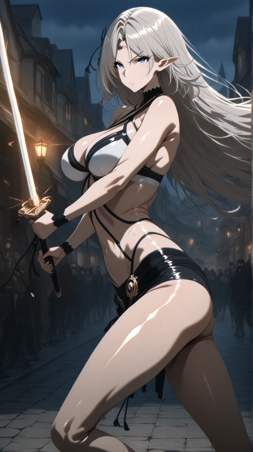 ((masterpiece)), (((best quality))), ((ultra detail)), ((illustration)), ((semi-realistic)), (reflections), sharp focus, front lighting, intense shadows, (beautiful detailed eyes), eyelashes, (extremely delicate and beautiful girl), ((red eye)), silver hair, (jacket), (trousers), long hair, (wielding a katana), ((detailed eyes)), ( cold-blooded), (((big chest))), shiny skin, cinematic lighting mask, ray tracing, depth of field, dynamic angle, looking at the viewer, ((epic background)), (difficulty 1.4), highly detailed fingers, highly detailed hand, highly detailed full body, highly detailed face and eyes, (Large breasts), ((Breasts Open up)), fully body views, standing, high detail legs, chest open, wet body, wet hair, curvy wet body,
