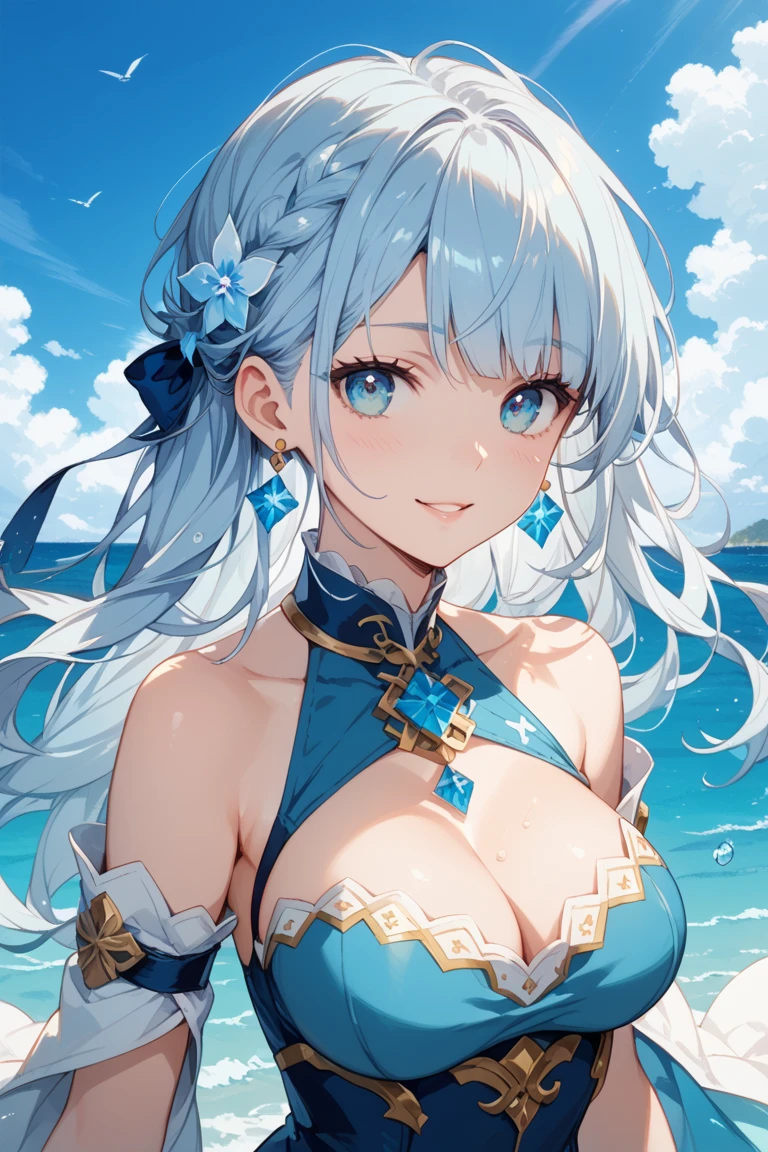 top-quality、hight resolution、she looks so big, Beautiful, perfectly round chest.、very thin eyebrows、made up eyelashes、Young face、a junior high school student、Russian、girl with very big bust、clear cleavage、length hair、Silvery hair、Beautiful toned breasts、very small nipples、独奏、blue eyess、slenderbody、wears kimono very loosely、Kamimei、Looking here、sleepy eyes、I can see my stomach、Angle from above
