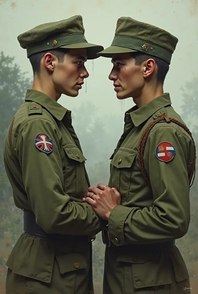 arafed man in uniform kissing another man in the woods, a photo by Josef Dande, flickr, renaissance, greg rutkowski and jakub rebelka, kilian eng and jake parker, two muscular men entwined, muscular men entwined together, greg rutkowski and edgar maxence, neil blevins and jordan grimmer