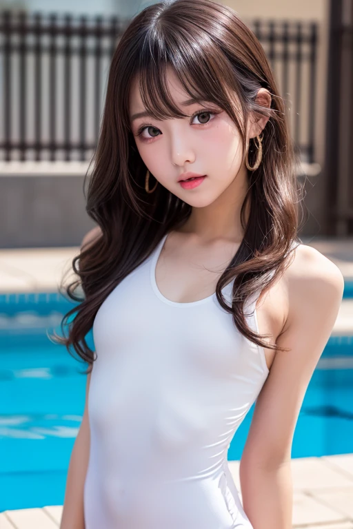 Top Quality, Photorealistic, 8K, High Definition, (1 Girl), (Female)), Colossal, (((Thin Waist))),Brunette,Mole,Bangs,Short Hair,Mouth Closed, (One Piece Swimsuit: 1.5), ((Look and Viewer)), (Look at Viewer)), (Professional Lighting, Bokeh), (Poolside))), (Portrait: 0.6), Gorgeous, (Dynamic Pose:1.2)、