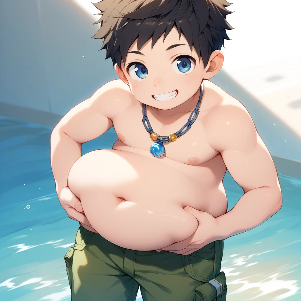((androgynos)), beautiful, (very short hair), (pudgy face), nipples, (belly button), ((boyish)), (cute), (chubby), belly, (sexly), (thick), (beefy), ((mischievous)), (handsome), muscular, (naughty smile), (Canines are visible), (swimsuits), (in beach), (Peeping), (Open your mouth),