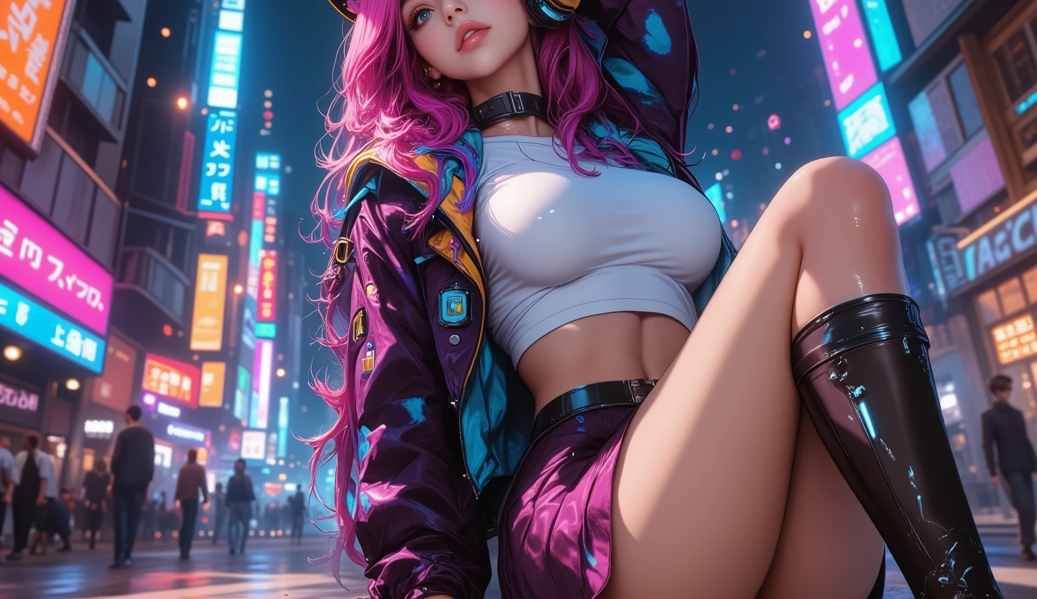1 beautiful woman, lond hair,multicolored hair,dressed in sexy paladin underwear , painted eyelids, white shirt, leather jacket, closed eyes, long eyelashes, made-up face, sleeping with her mouth open, sleeping sitting on the train seats, full body,skirt