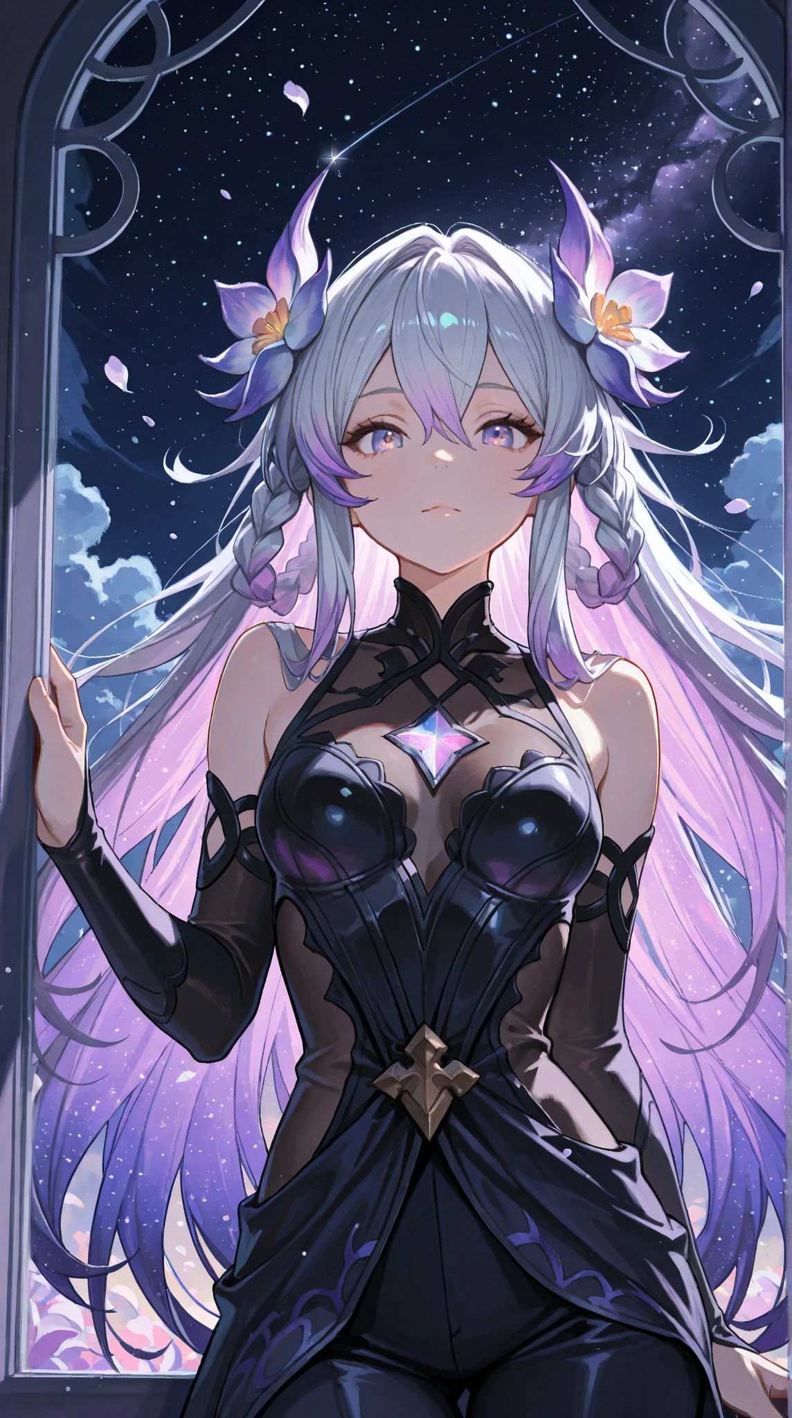 High Detail, Very detailed, Ultra-high resolution, Purple Eyes，White hair，A girl having a good time in a fantasy galaxy, Surrounded by stars, The warm light shines on her, Background is starry sky，There are colorful galaxies and galaxy clouds, The stars fly around her, Delicate face, Add playfulness , 