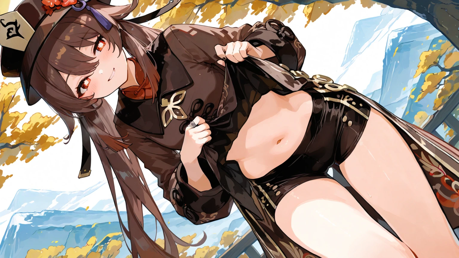Brown Haired Minotaur Beautiful boy with blue eyes Cow horn No cow ears Have a battle axe Long Hair crossdresser Wearing a jacket bikini