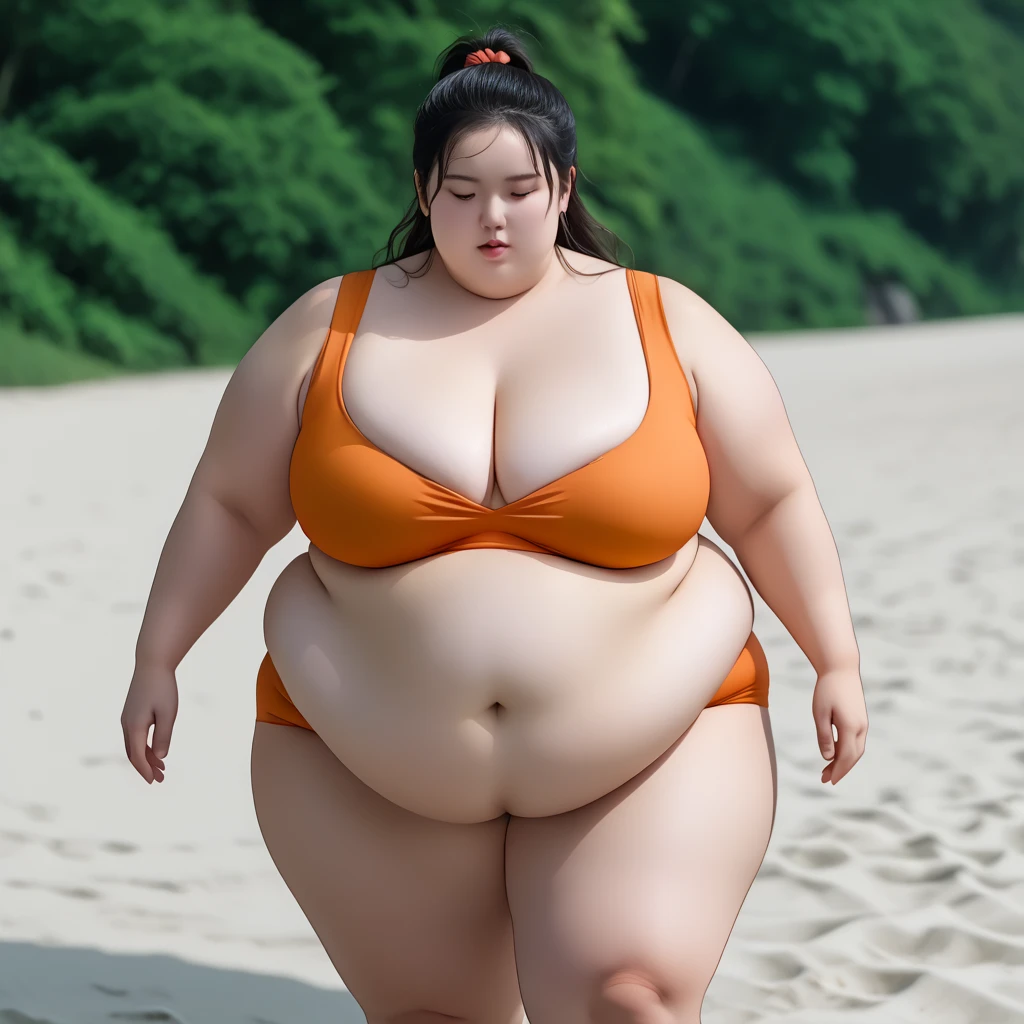 ((super highest quality)), ((masterpiece)), (be familiar with), High resolution, 4K, Full body shot, 1 Asian Woman, chubby woman, ugly face, Otaku, chubby naked, small breasts, thick legs, thick below the knees, thick arms, legs open