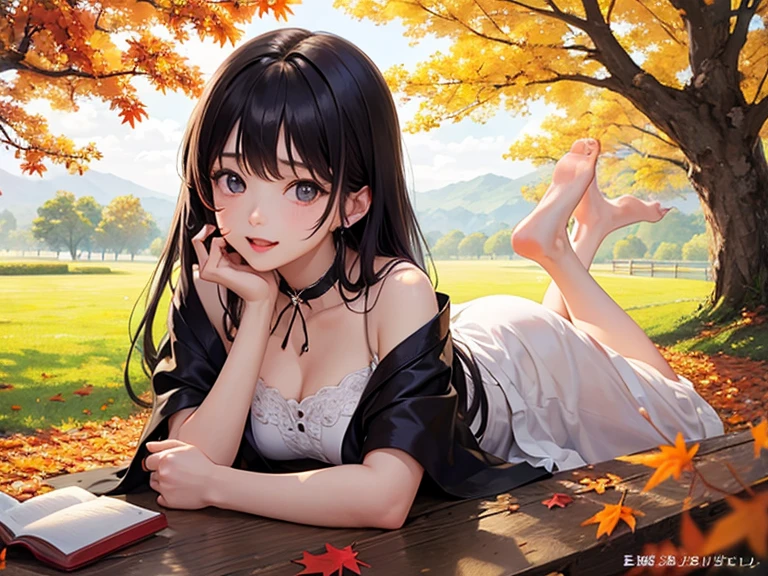 masterpiece、realisitic、(Beautiful girl in light clothes taking a nap with her face resting on the grass in the shade of a tree)、full body Esbian、(Sleep with your legs stretched)、bare-legged、Bare legged、bare-legged
