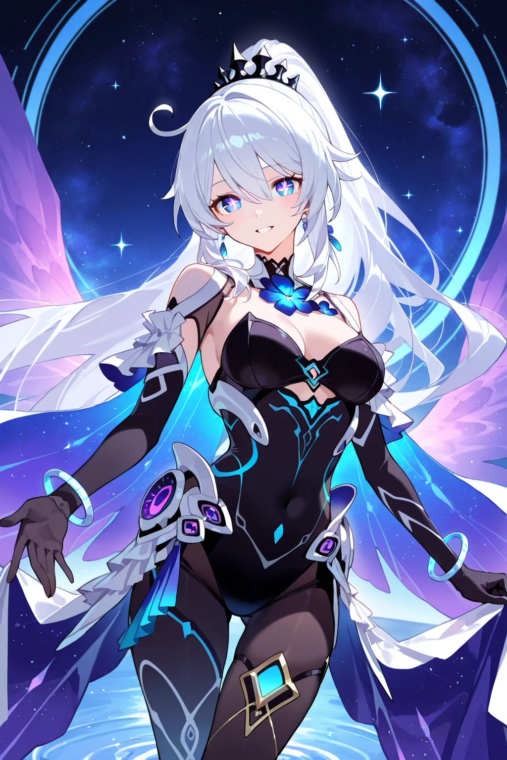 anime girl with long hair and a black dress standing in front of a planet, anime goddess, shadowverse style, detailed digital anime art, extremely detailed artgerm, knights of zodiac girl, armor girl, detailed anime artwork, advanced digital anime art, detailed anime character art, detailed anime art, detailed key anime art, portrait knights of zodiac girl, anime fantasy artwork, smile, warm