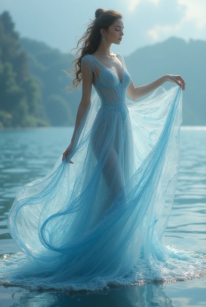 Vietnamese arafed woman with huge breasts, wearing a dress made of water, At the sea, wearing a gorgeous dress, gorgeous dress, intricate dress, elegant fire dress, gorgeous and elegant, lavish dress, inspired by Hedi Xandt, gorgeous dress, intricate dress, gorgeous royal dress, gorgeous clothes, gorgeous dress, intricate and elegant, dress with many intricate details, gorgeous, high heels, royal dress, detailed hands, Fire in the body, water on the dress, lightning element, fire element, lightning wings, full water, Transparent clothes, masterpiece, best quality: 1.2),, (8k, high resolution, RAW photo, realistic, realistic photo: 1.3), (detailed skin texture, detailed fabric texture, detailed water, texture, beautiful detailed face: 1.25), professional lighting, photon mapping, lighting beautiful soft light, radioactivity, physically based rendering, ray tracing, model shooting style, model shooting style, (ultra detailed 8k unity CG wallpaper), the most beautiful full body art in the world, Model based on https://photos.google.com/photo/AF1QipMr73g5fIzFk5WUNwuyjxhunUF2mCxsGUsVK1nb, model based on file:///D:/C/Desktop/e%20duong/z5728321478468_c48a1434d8a229637008870c5a128975.jpg