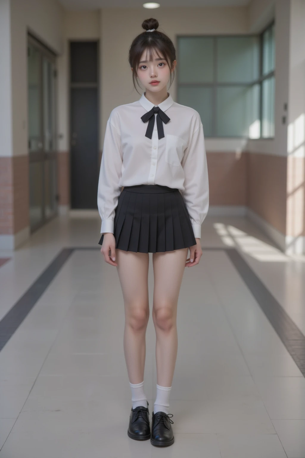 ((Standing posture:1.8, Composition above the knees:1.8)), (Clothing:2.0, school uniform:2.0, Checkered mini skirt:1.8, Knee-high socks:1.5, loafers:1.5), (Wet:1.5), ((A grin:1.2, Bobcut:1.2, slender:1.5, Small Ass:1.5)), ((Japanese, 1 Girl, 18-year-old, 7 heads, Ideal body proportions, Black Hair, With bangs, Small breasts, Erect nipples, slender, Small Ass, Beautiful feet, Skinny Legs)), Surrealism, Cinematic Lighting, Depth of written boundary, First Person View,  F/1.8, 135mm, Ticker, Mastepiece, Curate, ((Anatomically correct:1.3)), Textured skin, Super Detail, High detail, High quality, Awards, Best Quality, High resolution, 8K