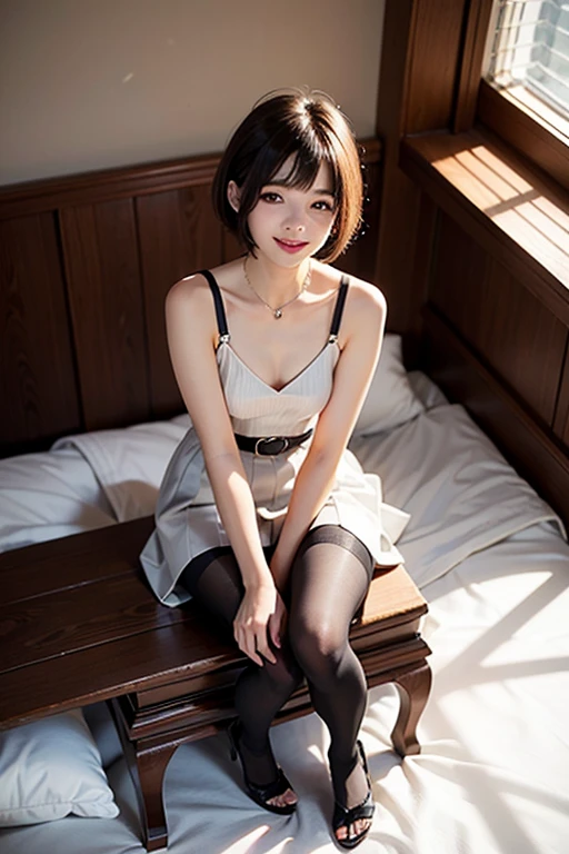 Pure Japanese young maid girl, wearing traditional British maid dress, stockings, high heels, vivid makeup, natural black hair styles, sitting and relaxing, sexual attractive, sweet smile, professional portrait photography, summer morning light,