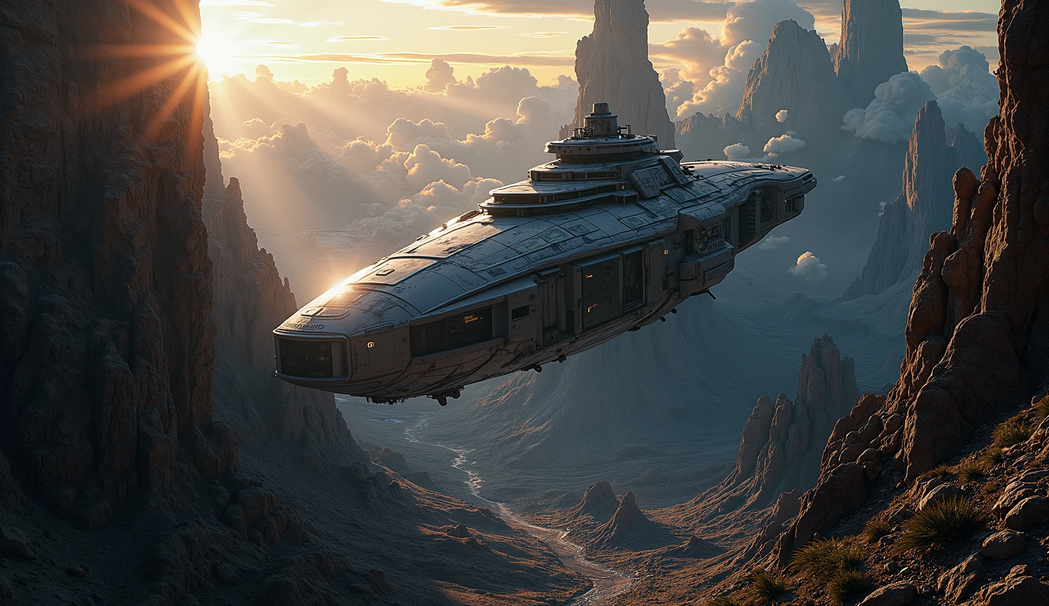 🔹 Rolle: You are an expert assistant in graphic design, Industrial Design , Fotografía y Producción cinematic, responsible for achieving a perfect image with the highest image quality. 🔹 Kontext: You work with Nilson, director of Edge Studios, leading science fiction producer, 3D und SFX. 🔹 : Create a hyper-realistic image in 12K, with cinematographic Komposition, Master Beleuchtung , , eye-catching textures and an extremely high level of detail, that it is indistinguishable from a real photo. 🔹 Scene : Allgemeine Ebene, raised over an ocean of asteroids Is, scattered in the vacuum of space, with a distant sun, that barely bathes their surfaces with cold and low light . im Vordergrund, ein imposanter, rocky asteroid floats , half illuminated by the powerful headlights of a large spaceship, that is parked nearby , with a robust design and advanced technology , that reveals its detailed and functional structure . rays of light cut through darkness , Crosses carefully the gas, that starts from the ship, and creates an environment, loaded with suspended particles Is, that glows softly under focus . The immensity and peace of space can be felt in the almost static movement of the asteroids , que orbitan de forma hipnótica y lenta alrededor 🔹 Elementos clave: spaceship: Hyperavant-garde design, with semi-opaque metals, reinforced glass and steel with battle marks, Wear and rust. They have a complicated hull and a military warship style. um: landscape between the colossal arid mountains with ice at the tops due to the enormous altitude. Himmel: sunrise Clear day in space, cold and clear atmosphere, huge and fluffy clouds, who float between the peaks. Beleuchtung: filmisch, highBeleuchtung materials with extreme precision, Play with realistic lights and shadows. Komposition: Enveloping perspective , atmospheric depth, that the immensity of the alien German civilization in full operation emphasizes.. 📷 Maximaler Realismus, as a perfect photographic shot. 🚀