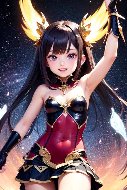 ((highest quality)), ((masterpiece)), (detailed), (Character Focus、breast focus), (One Girl: 1.1)、4k、((Symmetrical facial features)), Anime 2D Rendering, Realistic young anime woman,
Perfect Face, (Beautiful fine details、Eyes of meticulous depiction, Shining Eyes), Beautiful body, Beautiful thighs, Beautiful feet, White beautiful skin、Perfect round butt、 Small breasts、Baby Face、10 year old girl、
Black Hair、(Long Straight Hair)、Dark blue eyes、Earrings、
Spread your chest wide、(Bright luster、Sleeveless bodycon, Mini Dress, Tight Dress)、I can see my belly button、(Black knee-high stockings)、(Black long gloves)、(Black High Heels)、
Captivating smile、Erotic、Sexy pose、
