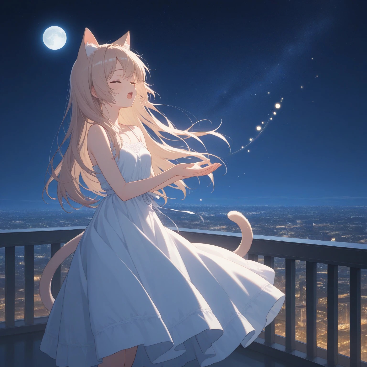 Make an adult wolf anime-style girl she has blue eyes she wears a big white tail she sits on the bed behind the bed window outside the window there is a big blue moon and a lot of stars