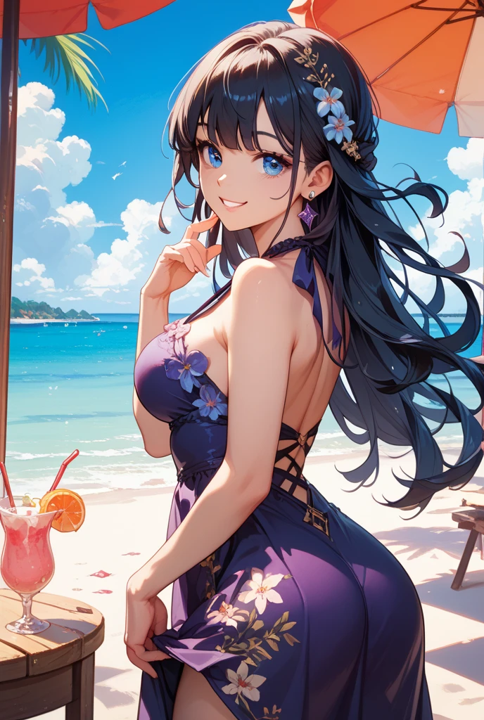 、moon、Starry Sky、firework、Ocean、Sandy Beach、(Realistic Shadows)straight-on、breast focus、Twin tails、White scrunchie、Long Hair、(colored inner hair black hair + pink inner hair)、Blue eyes、、medium breasts、stylish pose、smile、A good wink(Drunk:1.2)head tiltskinny 、slim wais、 White micro bikini