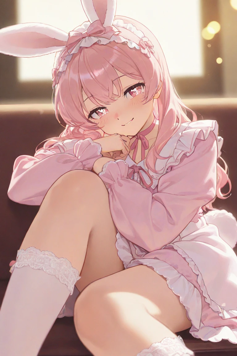 Girl with pink hair, long double-tailed hairstyle, ((small pink bushy eyebrows)), dressed in lolita clothing, marked vagina, lolicon (Zankuro) drawing style by zankuro artist, Zancro style, image uploaded to R34, looking at the camera with a flirtatious smile, modeling in her room, male pov, (panties pulling, self-pulling, pink panties:1.1 panties pulled to knees) , she pulling her dress to cover her crotch