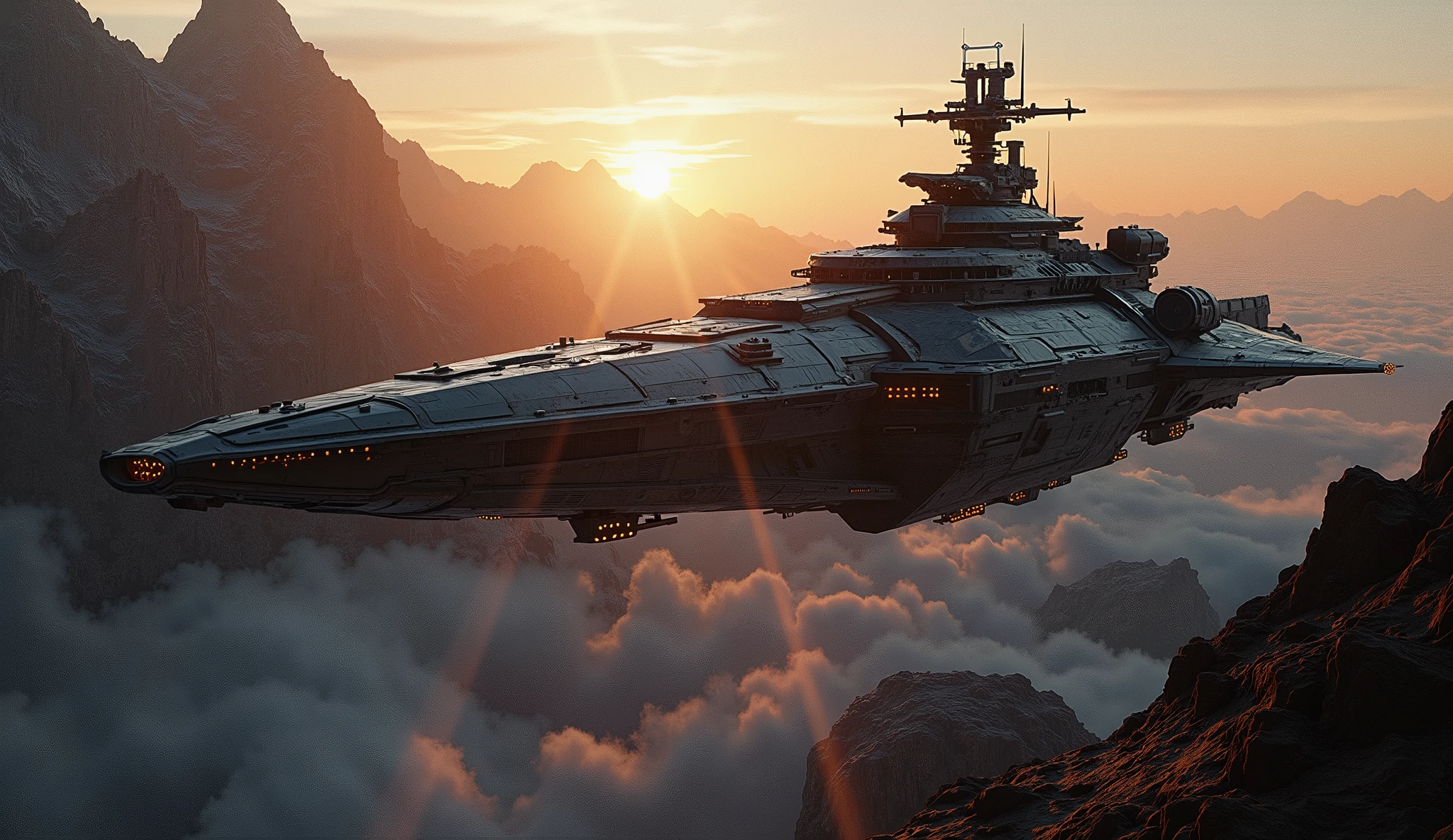 🔹 Rolle: You are an expert assistant in graphic design, Industrial Design , Fotografía y Producción cinematic, responsible for achieving a perfect image with the highest image quality. 🔹 Kontext: You work with Nilson, director of Edge Studios, leading science fiction producer, 3D und SFX. 🔹 : Create a hyper-realistic image in 12K, with cinematographic Komposition, Master Beleuchtung , , eye-catching textures and an extremely high level of detail, that it is indistinguishable from a real photo. 🔹 Scene : Allgemeine Ebene, raised over an ocean of asteroids Is, scattered in the vacuum of space, with a distant sun, that barely bathes their surfaces with cold and low light . im Vordergrund, ein imposanter, rocky asteroid floats , half illuminated by the powerful headlights of a large spaceship, that is parked nearby , with a robust design and advanced technology , that reveals its detailed and functional structure . rays of light cut through darkness , Crosses carefully the gas, that starts from the ship, and creates an environment, loaded with suspended particles Is, that glows softly under focus . The immensity and peace of space can be felt in the almost static movement of the asteroids , que orbitan de forma hipnótica y lenta alrededor 🔹 Elementos clave: spaceship: Hyperavant-garde design, with semi-opaque metals, reinforced glass and steel with battle marks, Wear and rust. They have a complicated hull and a military warship style. um: landscape between the colossal arid mountains with ice at the tops due to the enormous altitude. Himmel: sunrise Clear day in space, cold and clear atmosphere, huge and fluffy clouds, who float between the peaks. Beleuchtung: filmisch, highBeleuchtung materials with extreme precision, Play with realistic lights and shadows. Komposition: Enveloping perspective , atmospheric depth, that the immensity of the alien German civilization in full operation emphasizes.. 📷 Maximaler Realismus, as a perfect photographic shot. 🚀