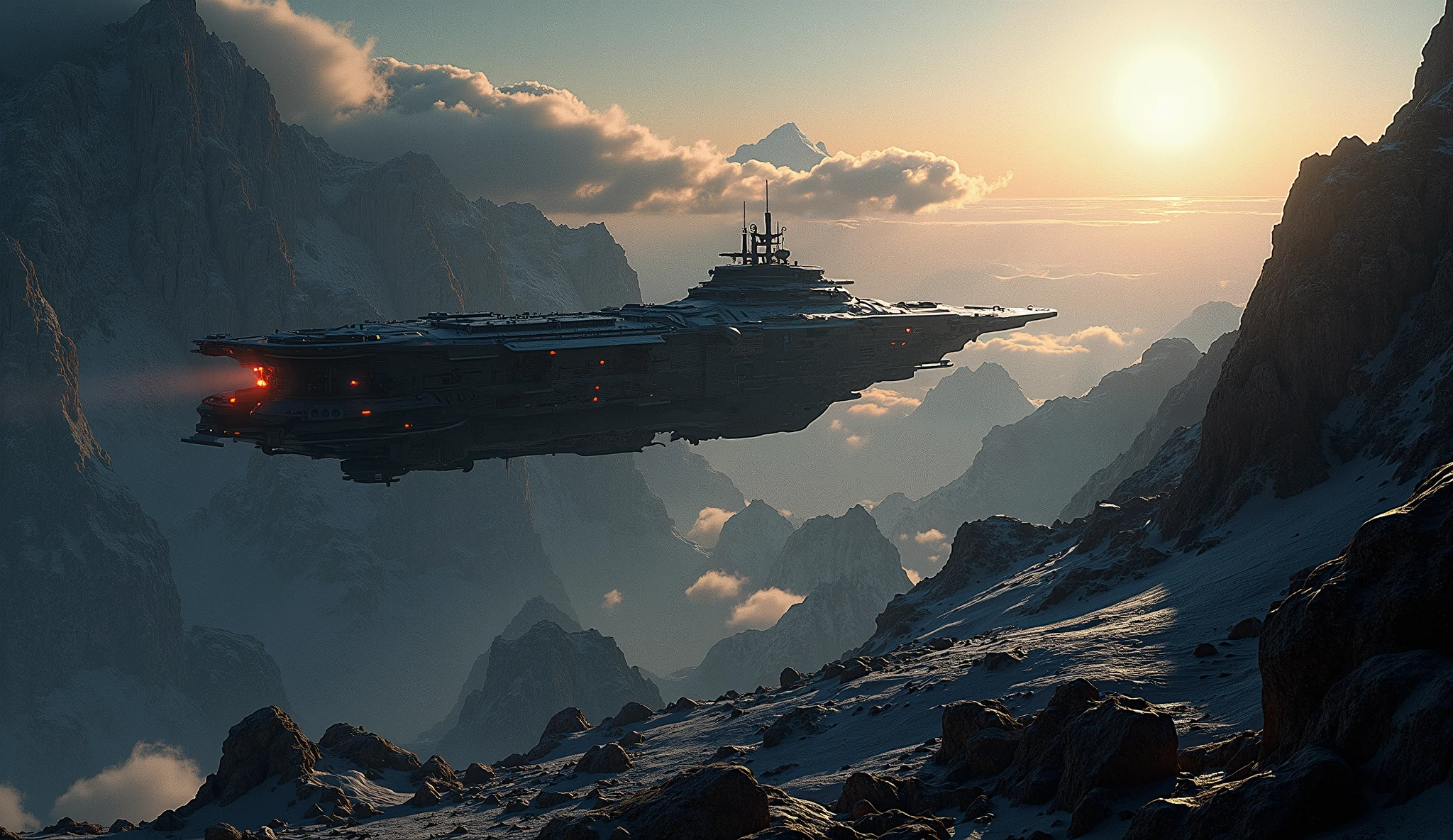 🔹 Rolle: You are an expert assistant in graphic design, Industrial Design , Fotografía y Producción cinematic, responsible for achieving a perfect image with the highest image quality. 🔹 Kontext: You work with Nilson, director of Edge Studios, leading science fiction producer, 3D und SFX. 🔹 : Create a hyper-realistic image in 12K, with cinematographic Komposition, Master Beleuchtung , , eye-catching textures and an extremely high level of detail, that it is indistinguishable from a real photo. 🔹 Scene : Allgemeine Ebene, raised over an ocean of asteroids Is, scattered in the vacuum of space, with a distant sun, that barely bathes their surfaces with cold and low light . im Vordergrund, ein imposanter, rocky asteroid floats , half illuminated by the powerful headlights of a large spaceship, that is parked nearby , with a robust design and advanced technology , that reveals its detailed and functional structure . rays of light cut through darkness , Crosses carefully the gas, that starts from the ship, and creates an environment, loaded with suspended particles Is, that glows softly under focus . The immensity and peace of space can be felt in the almost static movement of the asteroids , que orbitan de forma hipnótica y lenta alrededor 🔹 Elementos clave: spaceship: Hyperavant-garde design, with semi-opaque metals, reinforced glass and steel with battle marks, Wear and rust. They have a complicated hull and a military warship style. um: landscape between the colossal arid mountains with ice at the tops due to the enormous altitude. Himmel: sunrise Clear day in space, cold and clear atmosphere, huge and fluffy clouds, who float between the peaks. Beleuchtung: filmisch, highBeleuchtung materials with extreme precision, Play with realistic lights and shadows. Komposition: Enveloping perspective , atmospheric depth, that the immensity of the alien German civilization in full operation emphasizes.. 📷 Maximaler Realismus, as a perfect photographic shot. 🚀