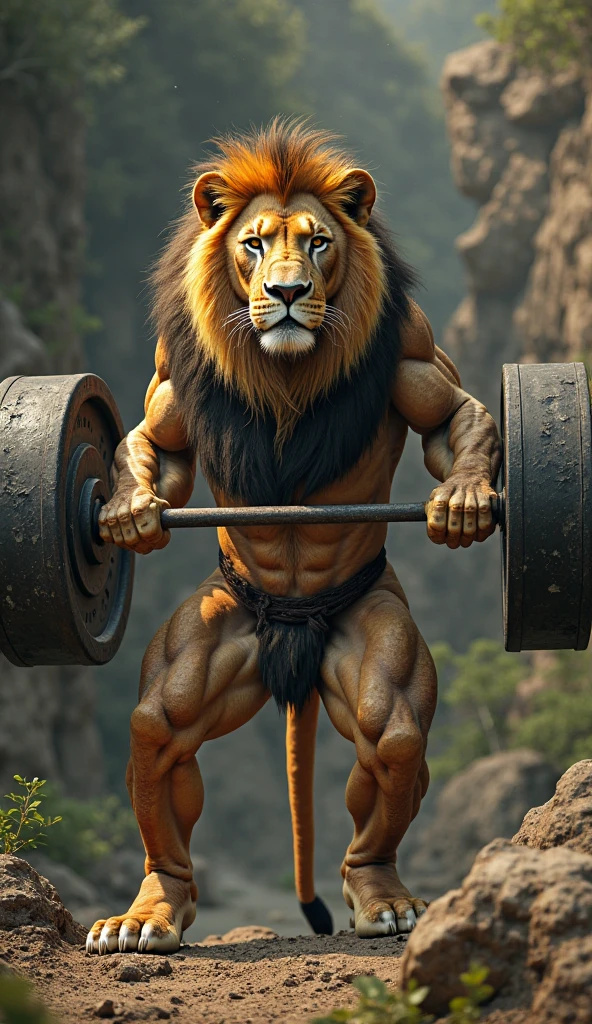 "A real lion with lifelike fur, roaring with an open mouth. The lion is muscular and yellow with a yellow mane, and its torso is uncovered. It is wearing black shorts and is barefoot, standing in a profile pose with one leg bent. The lion is holding a barbell with three black weight plates on each side, lifted above its head with both arms. Around its neck, it wears a gold medal with a red ribbon, and a three-pointed crown rests on its head."
