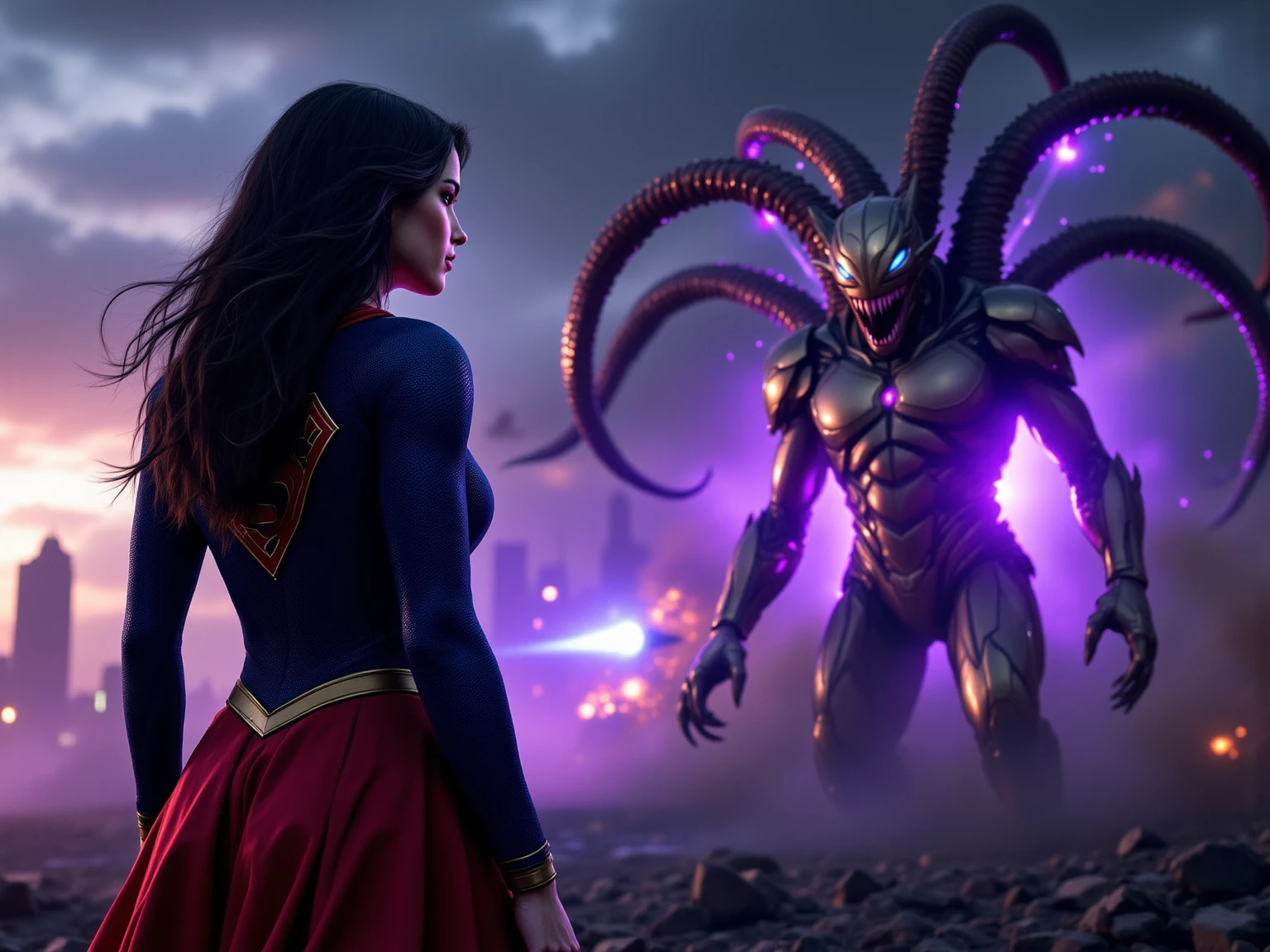 ((best quality)), ((masterpiece)), (detailed), A digital illustration of a furious long black haired woman wearing a full white princess dress throwing the head of a giant monster at night. The background is lava