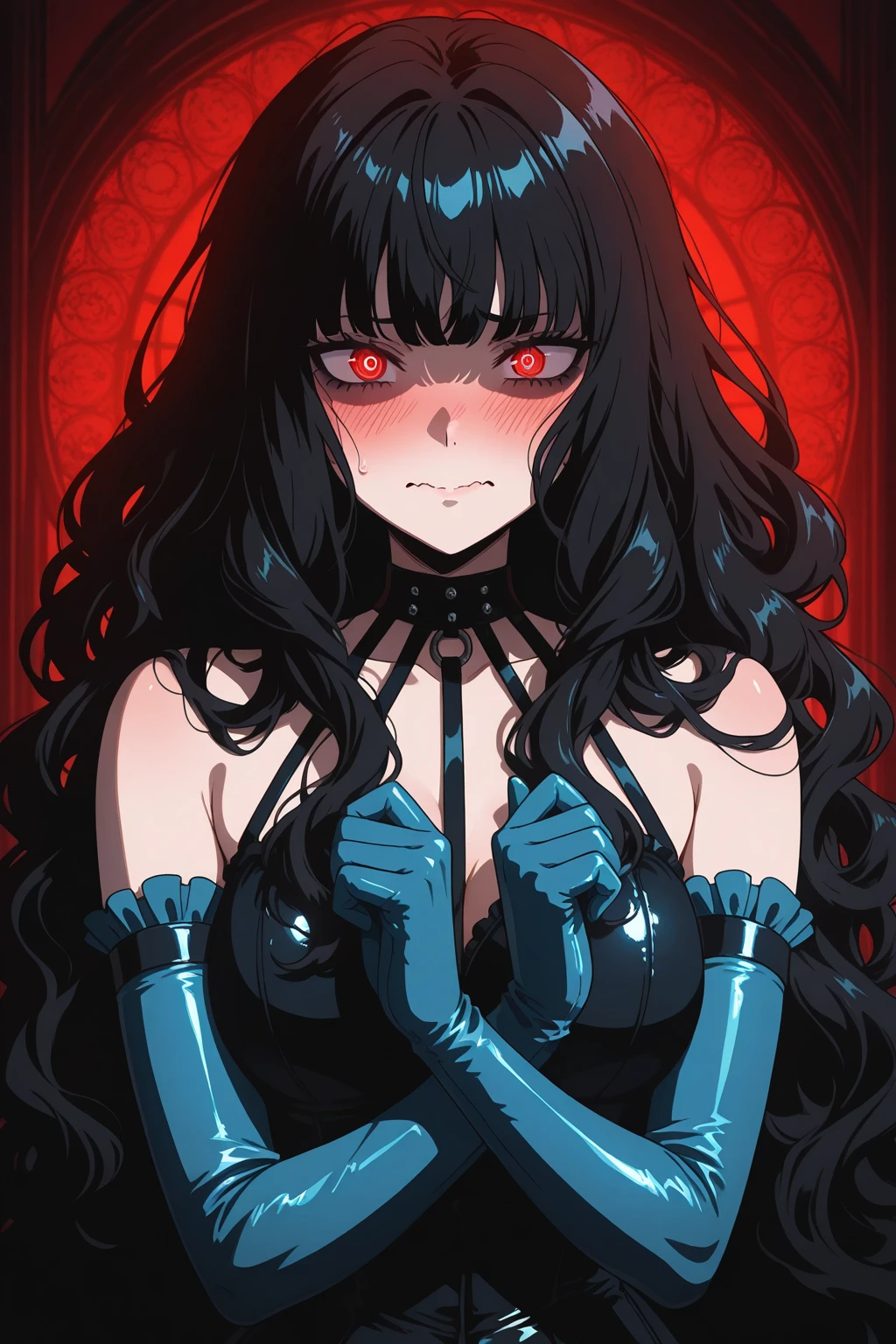 Donzela, Vampira,donzela de pele nua, sticky black liquid, Licking tentacles, Lying on her stomach, hands separated by chains, luta, dor, insertion, meias pretas, vestido preto, cabelos negros, usando magia de gelo, Magic Costume, olhos vermelhos, asas de gelo pretas