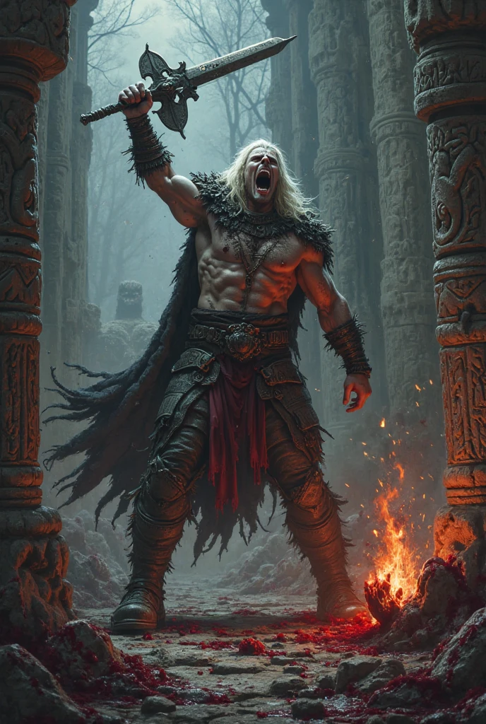 (Highly detailed: 1.2), (Best quality Canon Eos R6: 1.2), (8k: 1.0), (Dynamic Stance: 1.2), masterpiece, best quality, god Odin Norse mythology, mythological wearing, age 75, very muscular, huge, gray hair, bald, scarred, warrior, barbarian, mythological dystopia, (lots of blood: 1.0), mythological dystopia Corpses, heads human, arms and blood.