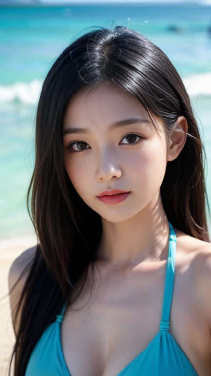 Waikiki Beach, Hawaiian, sleeveless dresses, ((Best Quality, 8K, Masterpiece: 1.3))), Clear Focus: 1.2, (Layer Cut, larger: 1.2), Perfect Body Beauty: 1.4, Slim Abs: 1.2, Wet body: 1.5, Highly detailed face and skin texture, eyes closed, Double eyelids, messy hairstyle, plain makeup,