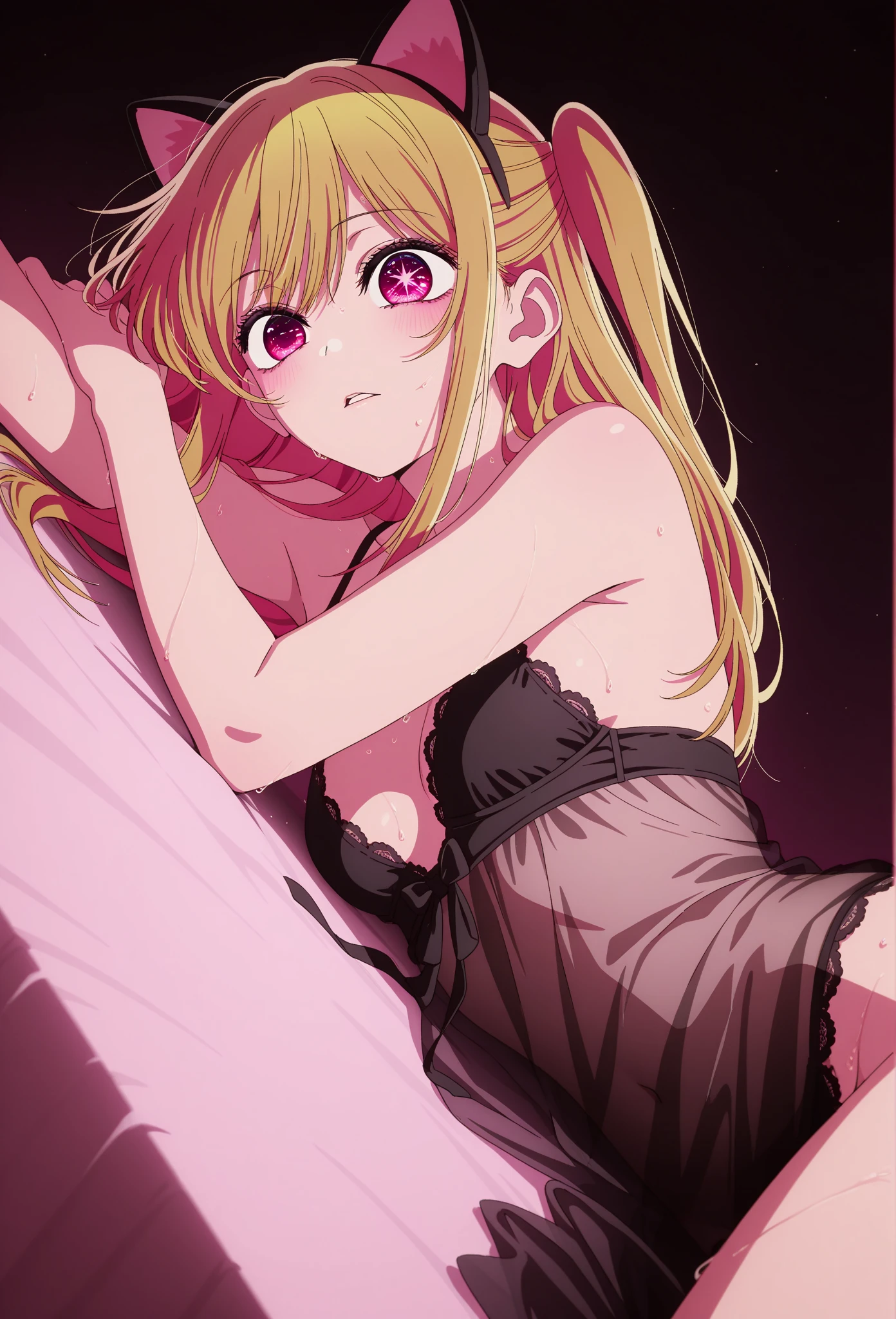 (Perfect Face, Detailed face, Beautiful Eyes,Perfect hands,Perfect Fingers)、Red face、((vapor))、hot、((konjiki no yami, ph Yami))、Maternal, Foot, alone, 1 Girl, Blonde Hair, Red eyes, Long Hair, Black hair ornament, Big eyes, Masturbation,A flushed expression、Dirty face、Expressionless、 (masterpiece:1.2, Highest quality), (細かくてBeautiful Eyes: 1.2), (Beautiful and dense face), (Sharp facial hair between the eyes)、Black lace dress、Underwear is visible、12 years old, Grinding, Transparent panties、Large Breasts、Neon lighting、Looking up